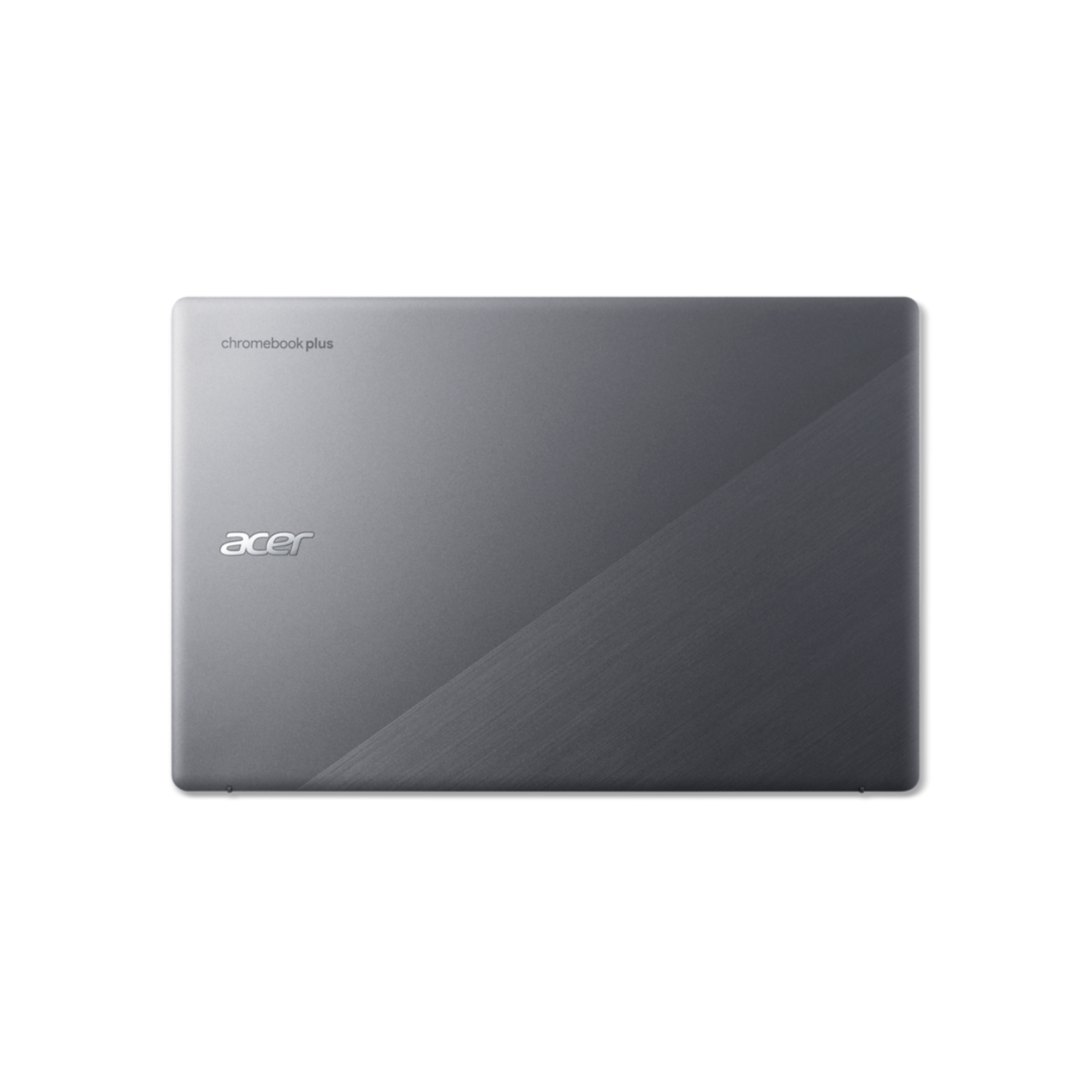 Een grijze Acer Chromebook Plus laptop, bovenaanzicht, zwarte achtergrond.