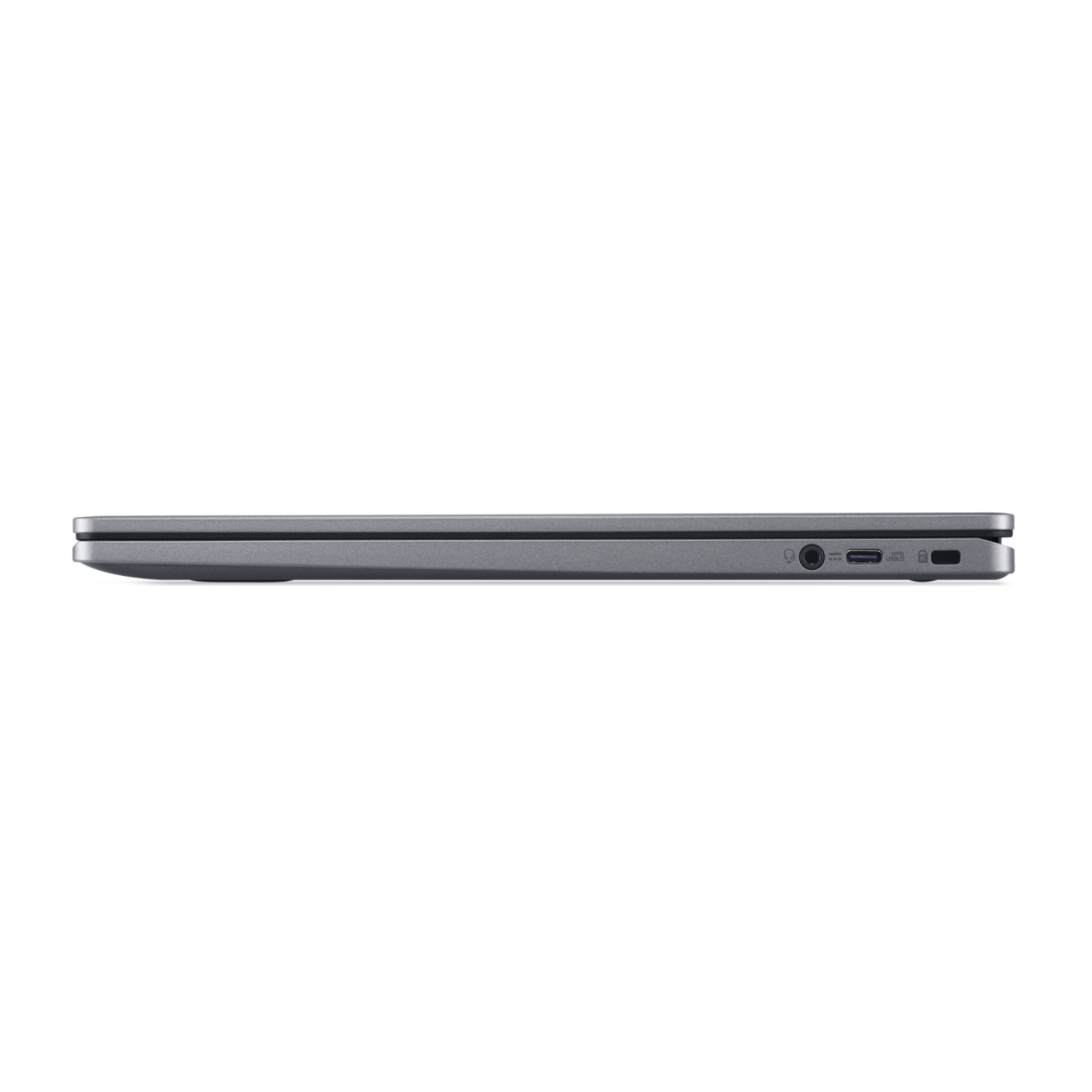 Zijaanzicht van een gesloten grijze laptop tegen een zwarte achtergrond, met poorten.