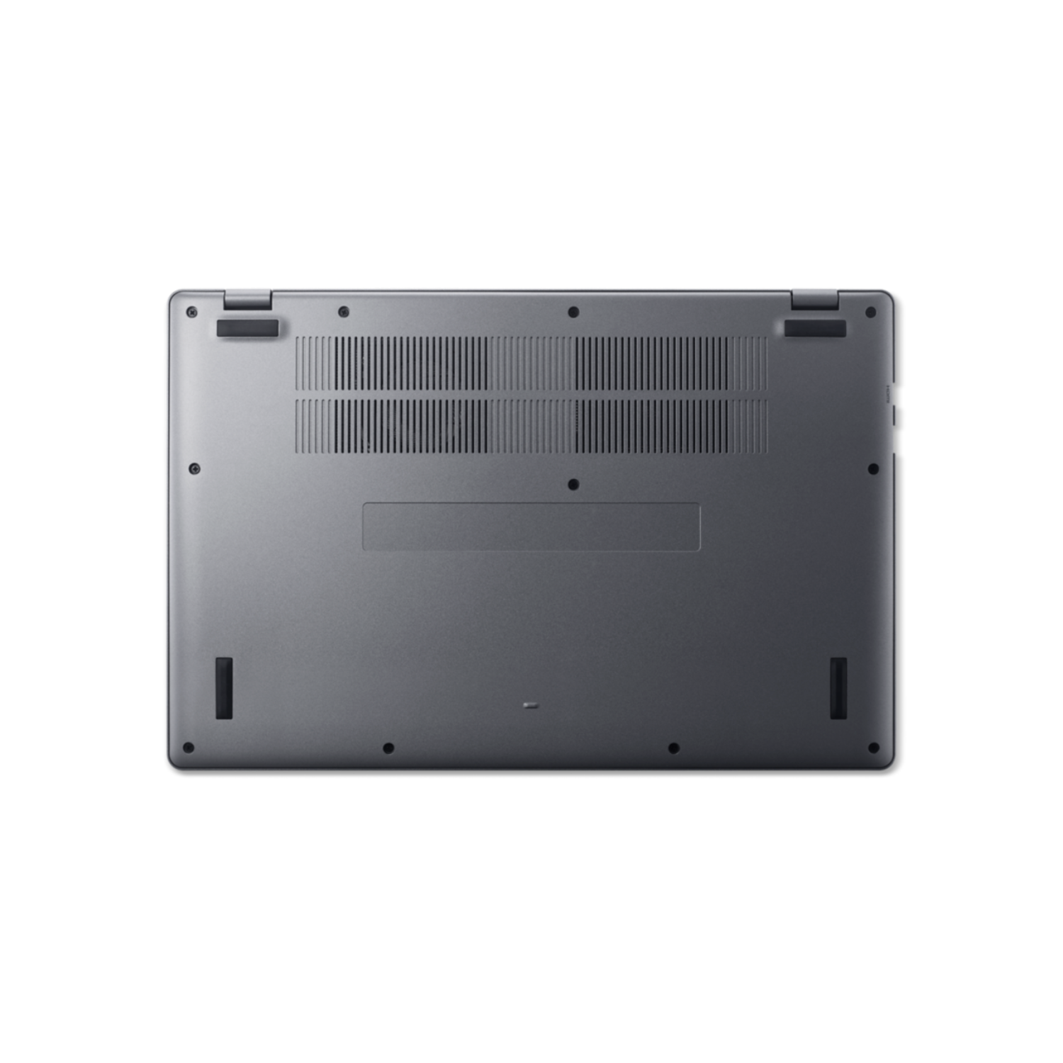 De onderkant van een grijze laptop. De onderkant heeft ventilatieopeningen, schroeven en rubberen voetjes.