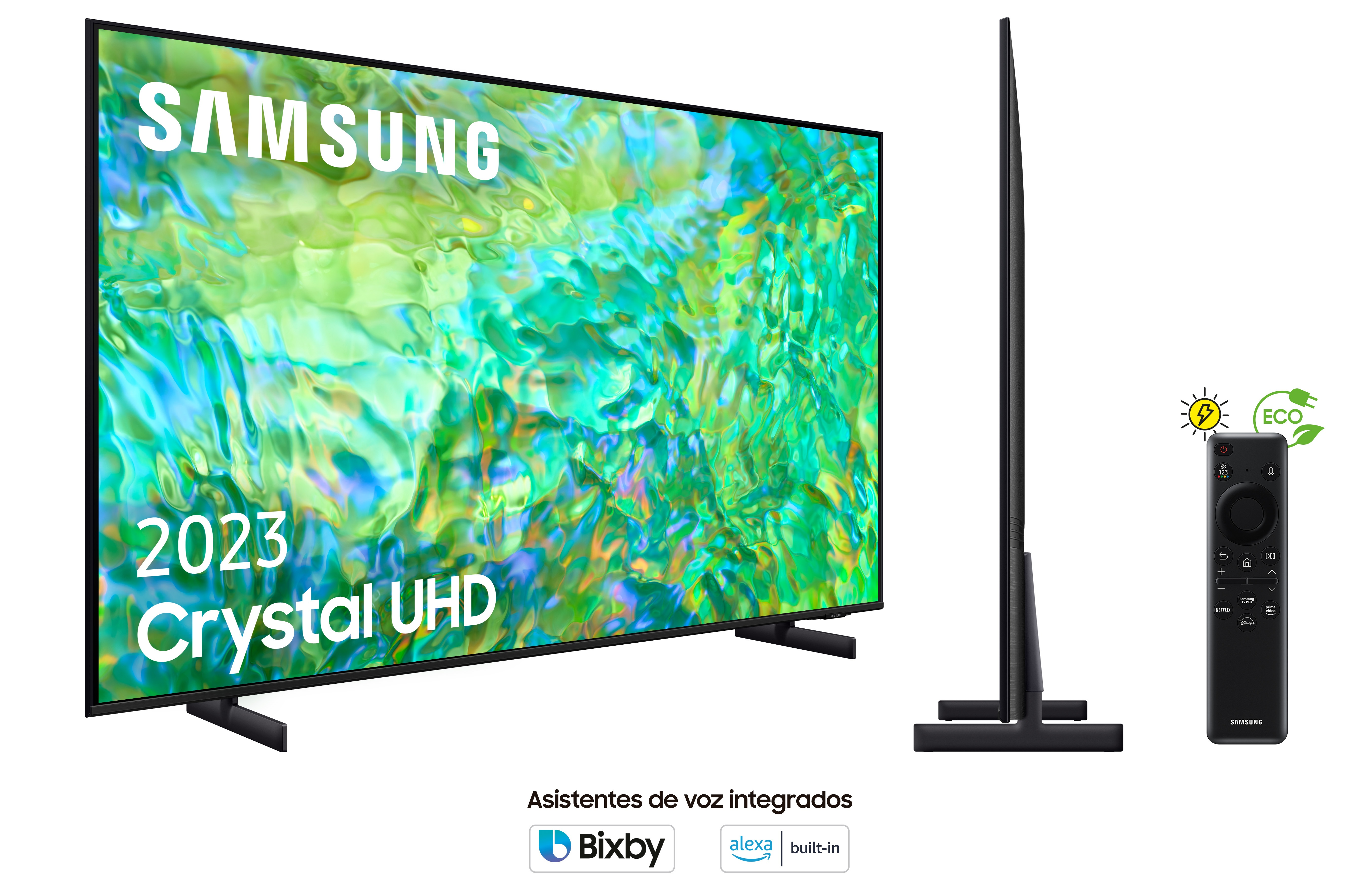 TV Samsung mostrando fondo verde. TV y mando. Fondo blanco.