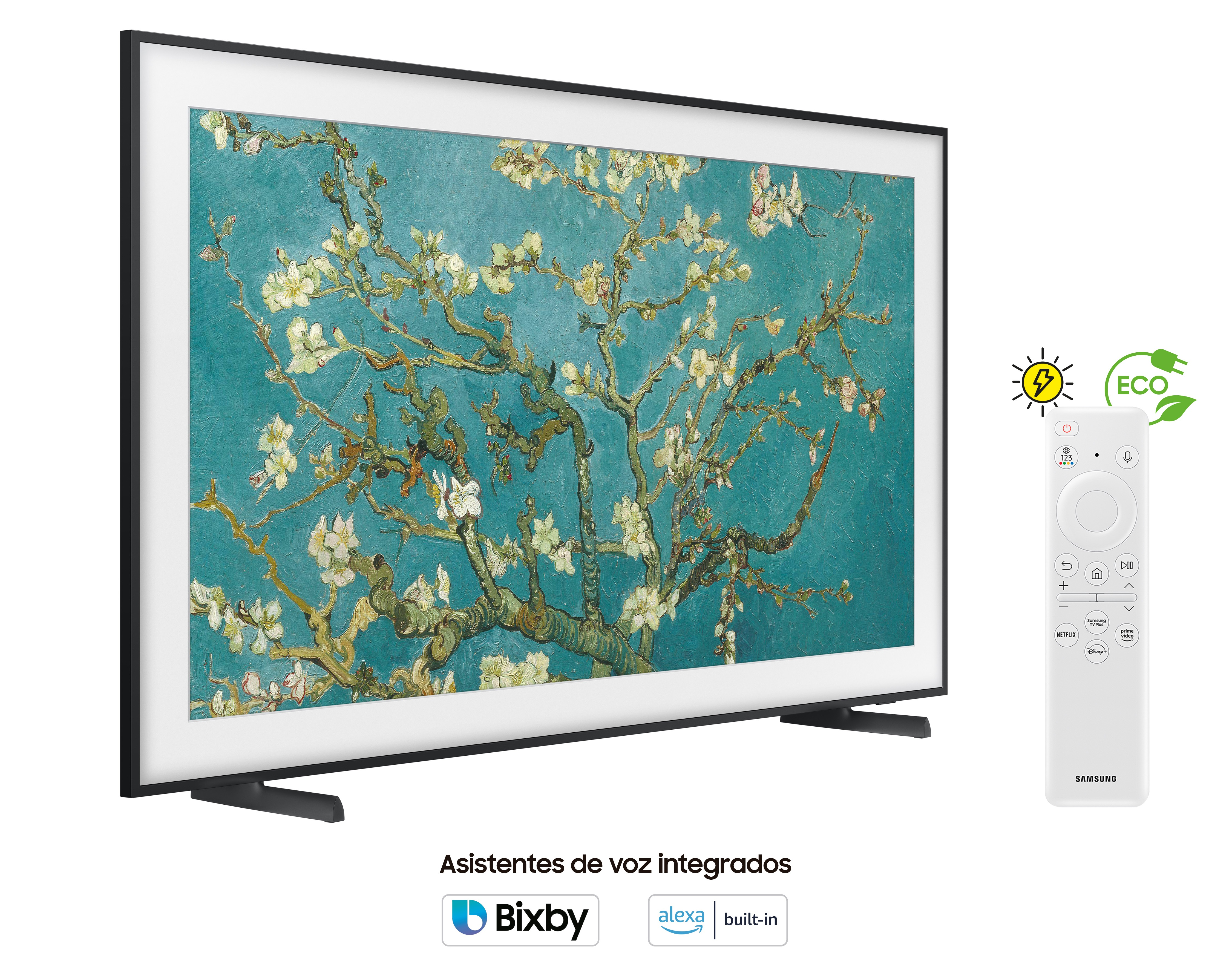 Un televisor Samsung con arte en la pantalla, con un mando a distancia.