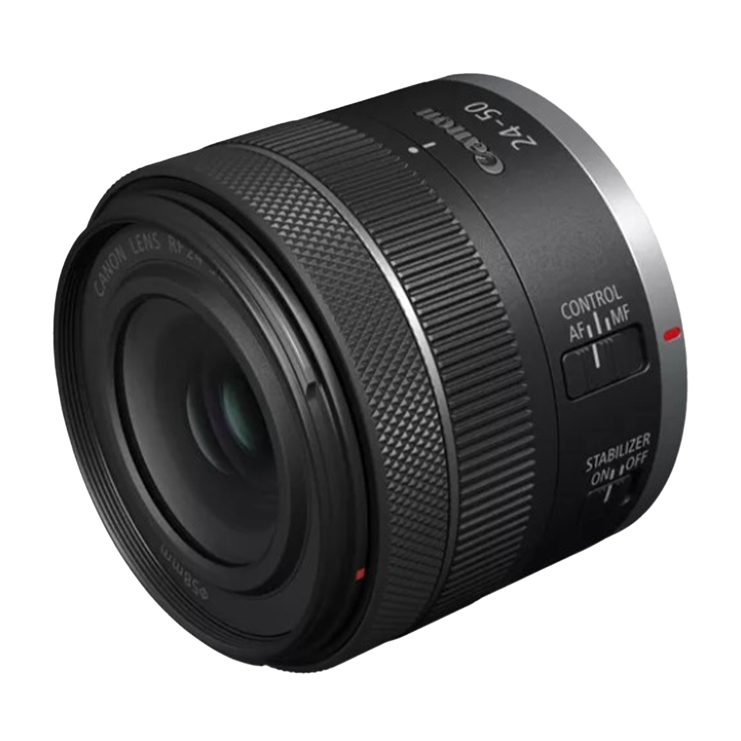 Obiettivo fotocamera Canon nero con opzioni di controllo e sfondo bianco.