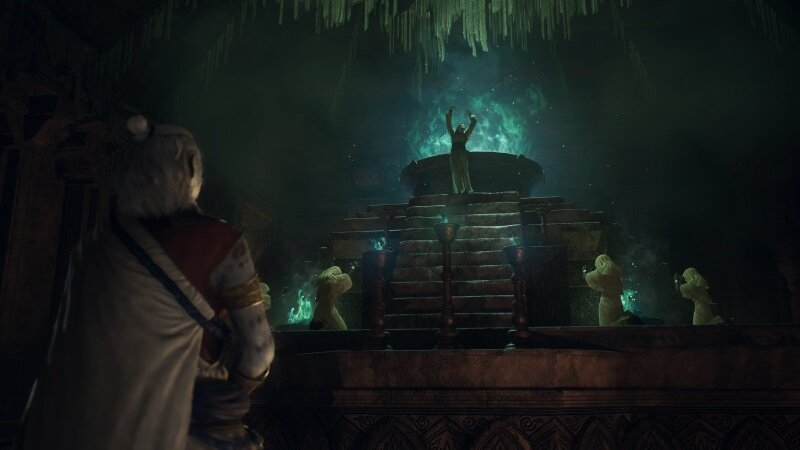 Osoba stoi przed świątynią, ręce w górze. Inni w pobliżu. Świecąca energia powyżej.