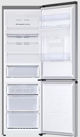 Biała lodówka z otwartymi drzwiami. Górne drzwi odsłaniają półki, dolne szuflady. Wnętrze jest białe.