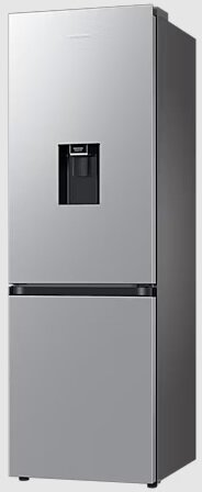 Lodówka ze stali nierdzewnej z dozownikiem wody. Góra to drzwi, dół to szuflada zamrażarki.