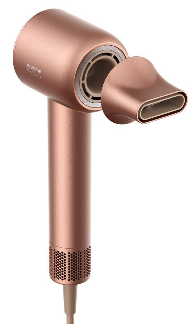 Suszarka do włosów w kolorze różowego złota z odpinaną dyszą, pokazująca szczegóły wnętrza.