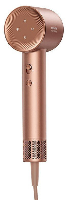 Suszarka do włosów w kolorze różowego złota z cylindrycznym korpusem, kilkoma przyciskami i dyszą.