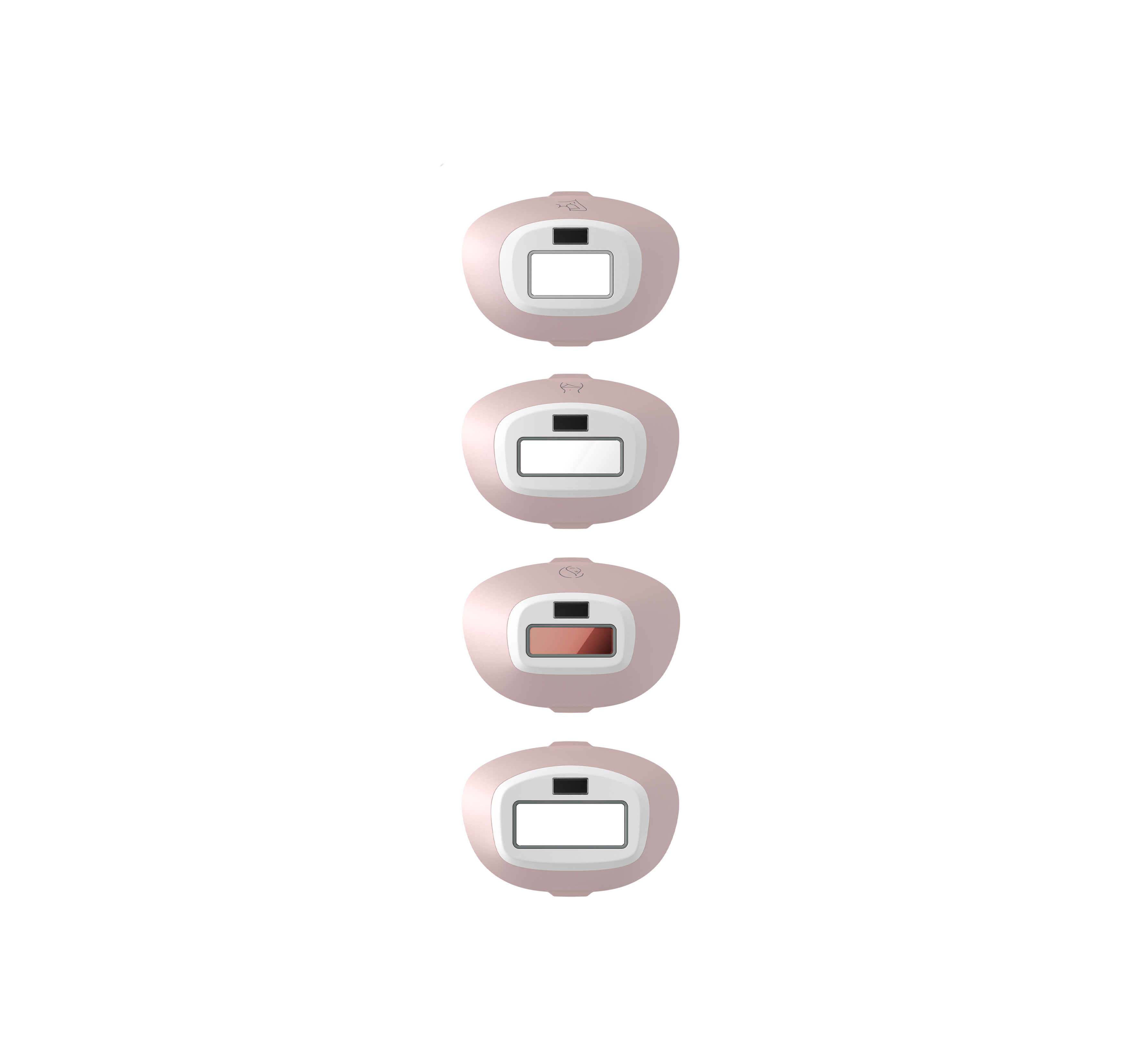 Vier rosa IPL-Haarentfernungsgeräte, jedes mit einer anderen Lichtanzeige.