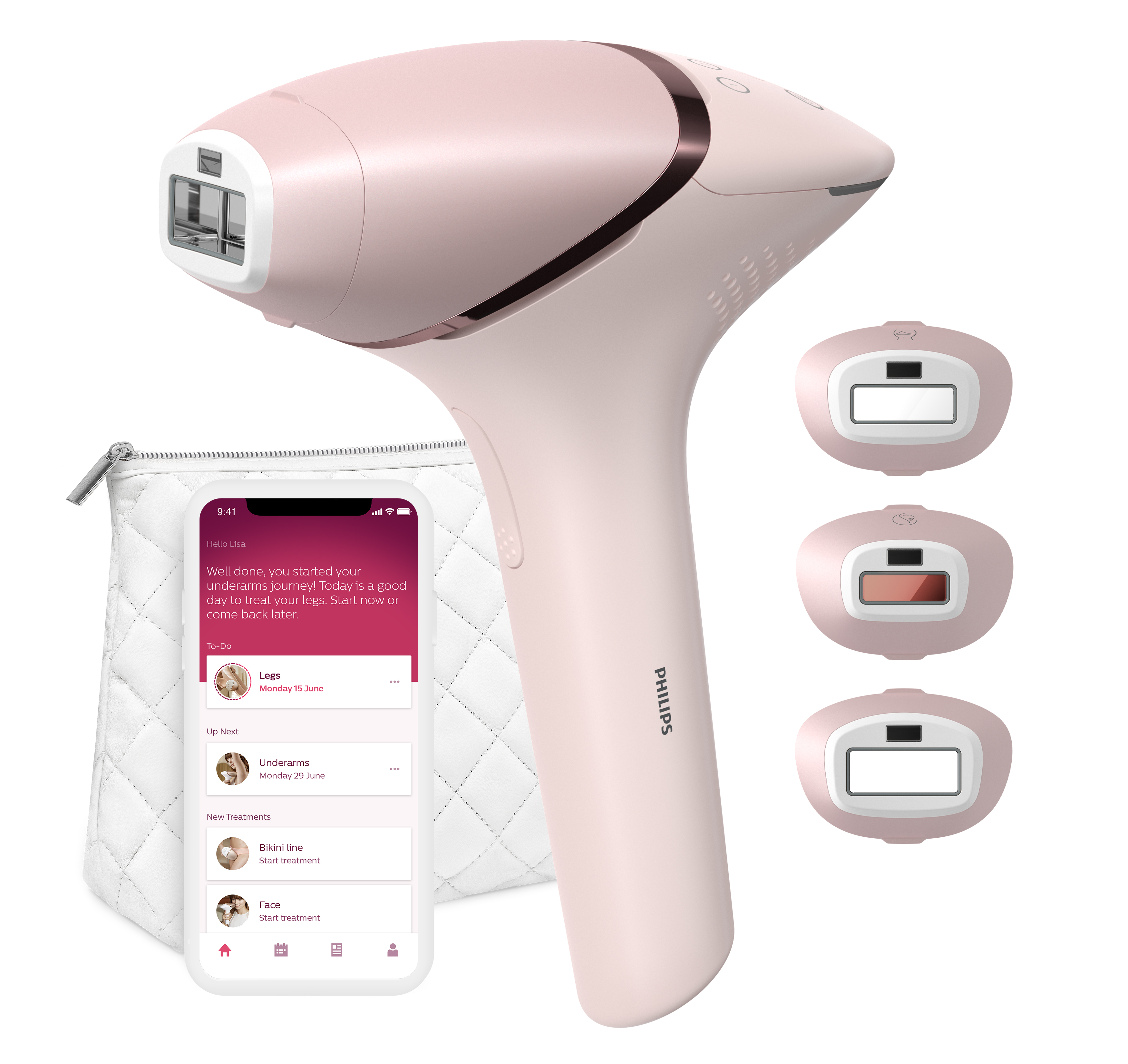 Rosa Philips IPL-Haarentfernungsgerät, drei Köpfe, weißer Beutel und Telefon mit Zeitplan.