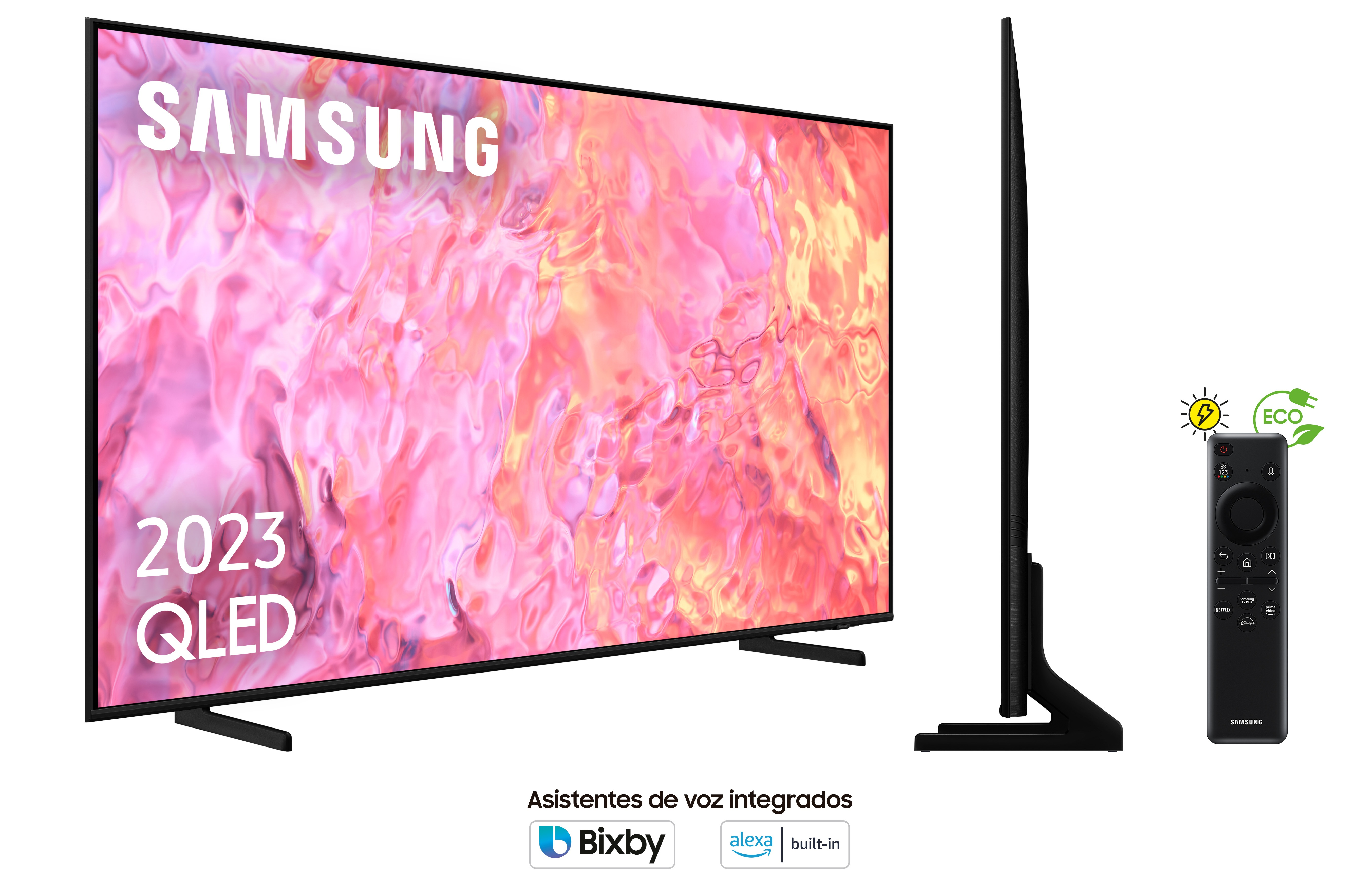 Un televisor Samsung QLED moderno con un mando a distancia. La pantalla muestra colores rosados. El televisor tiene un diseño delgado.