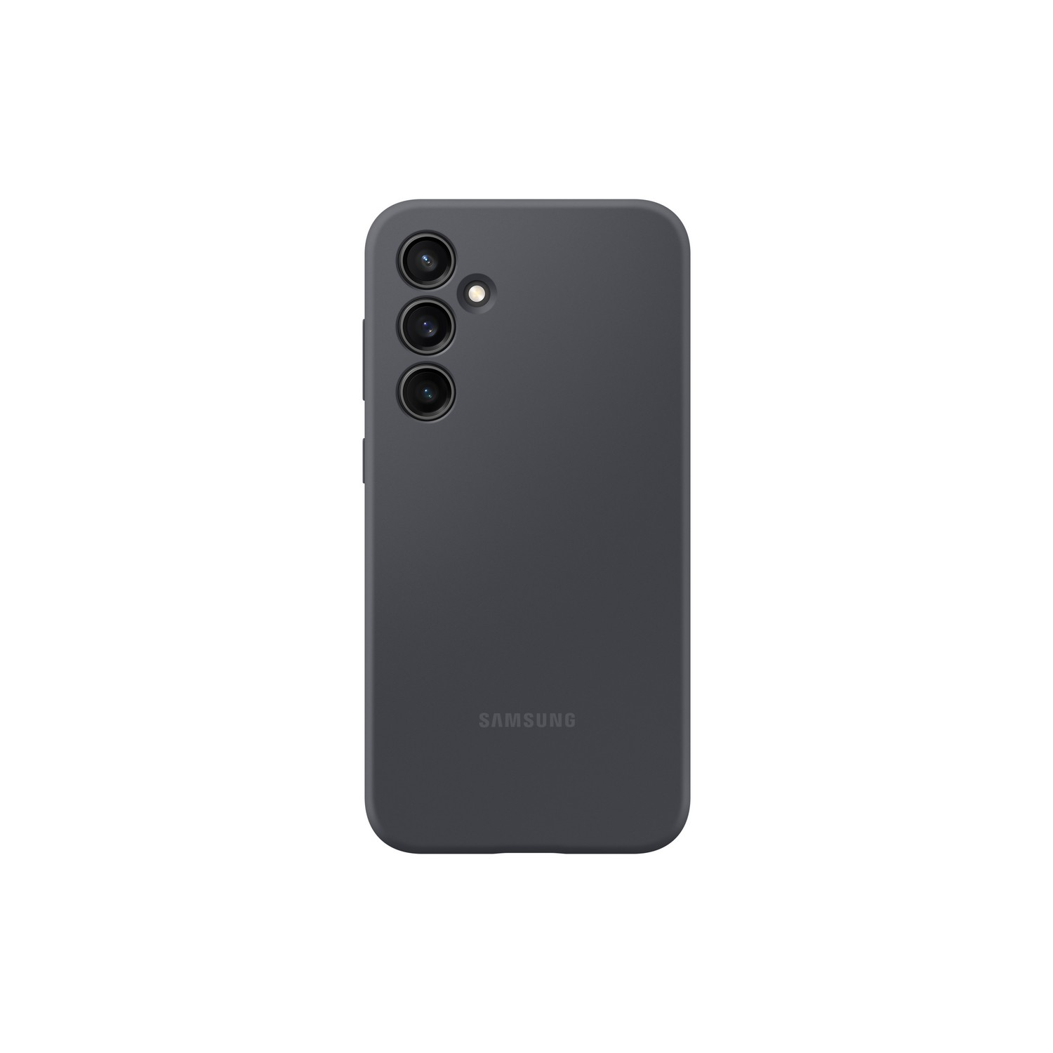 Téléphone gris foncé avec trois caméras, logo en bas.