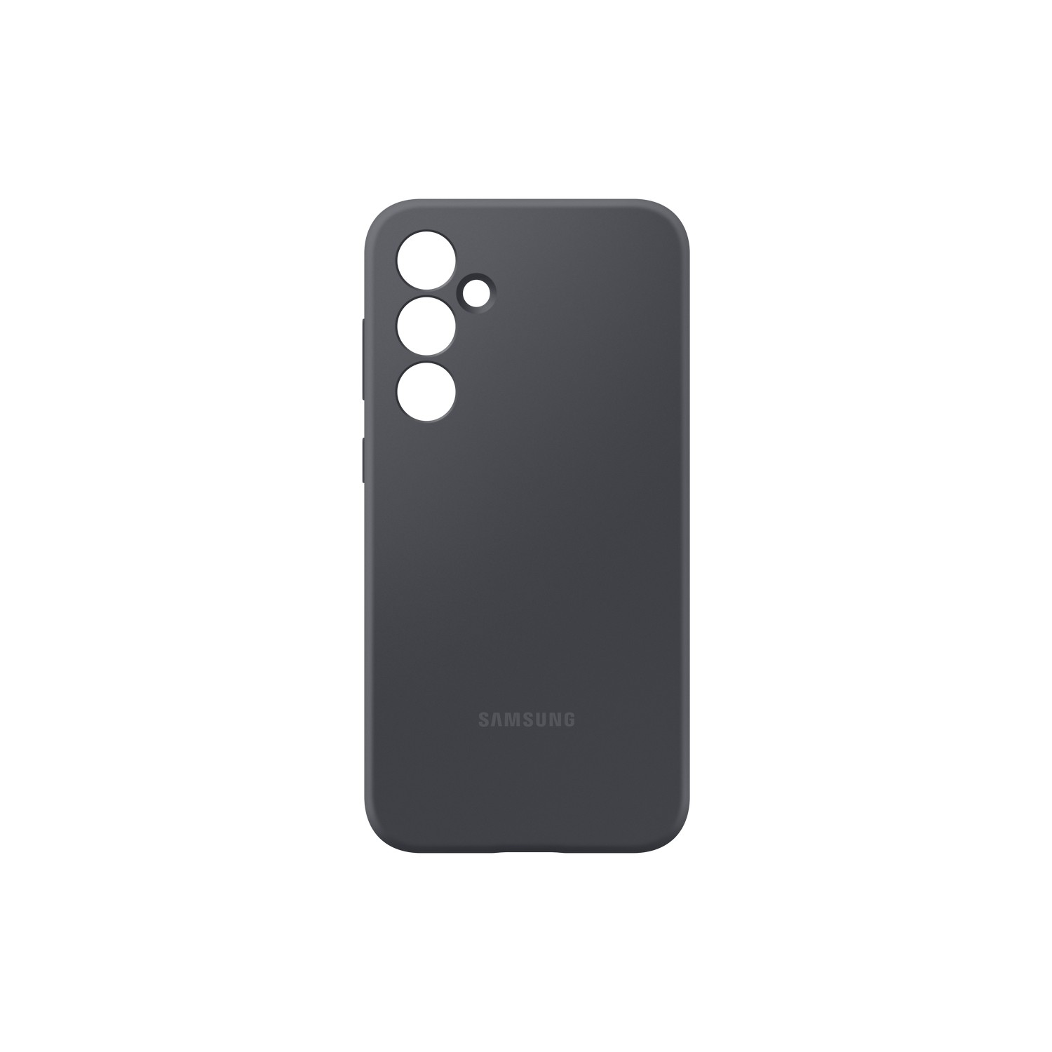 Coque de téléphone gris foncé avec trois trous pour la caméra et le logo Samsung.