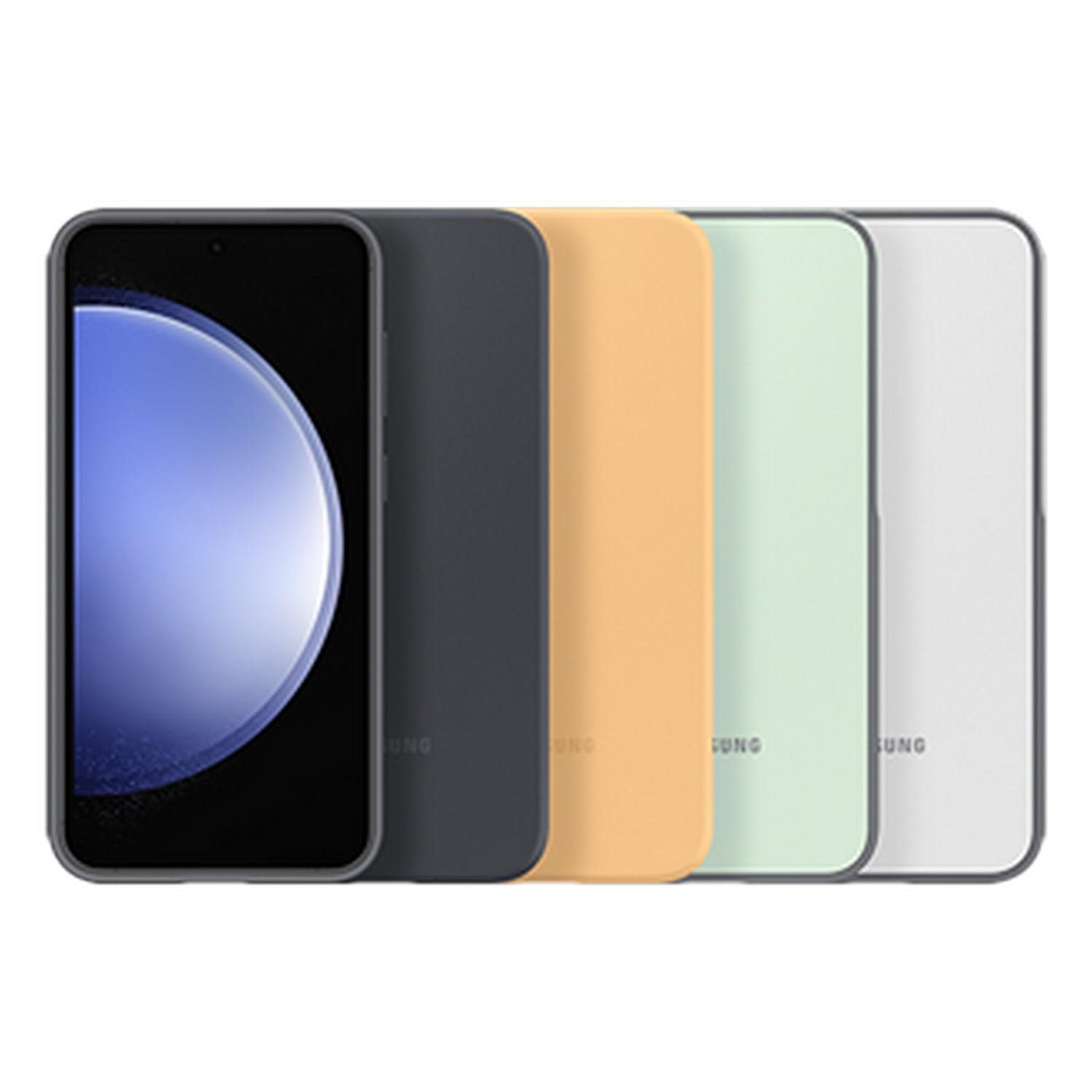 Quatre étuis de téléphone colorés avec un téléphone à gauche.