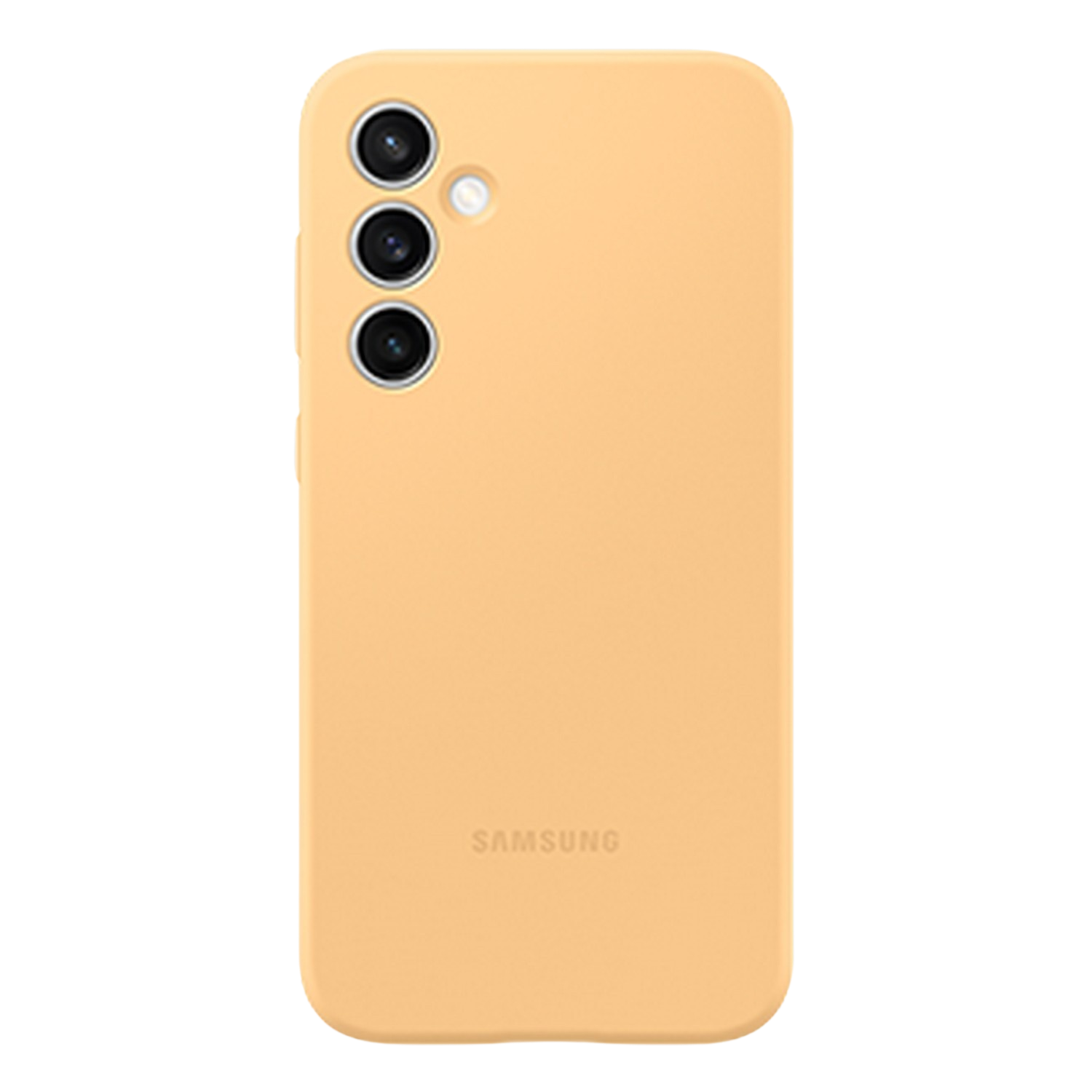 Une coque de téléphone jaune clair avec trois caméras et un logo Samsung.