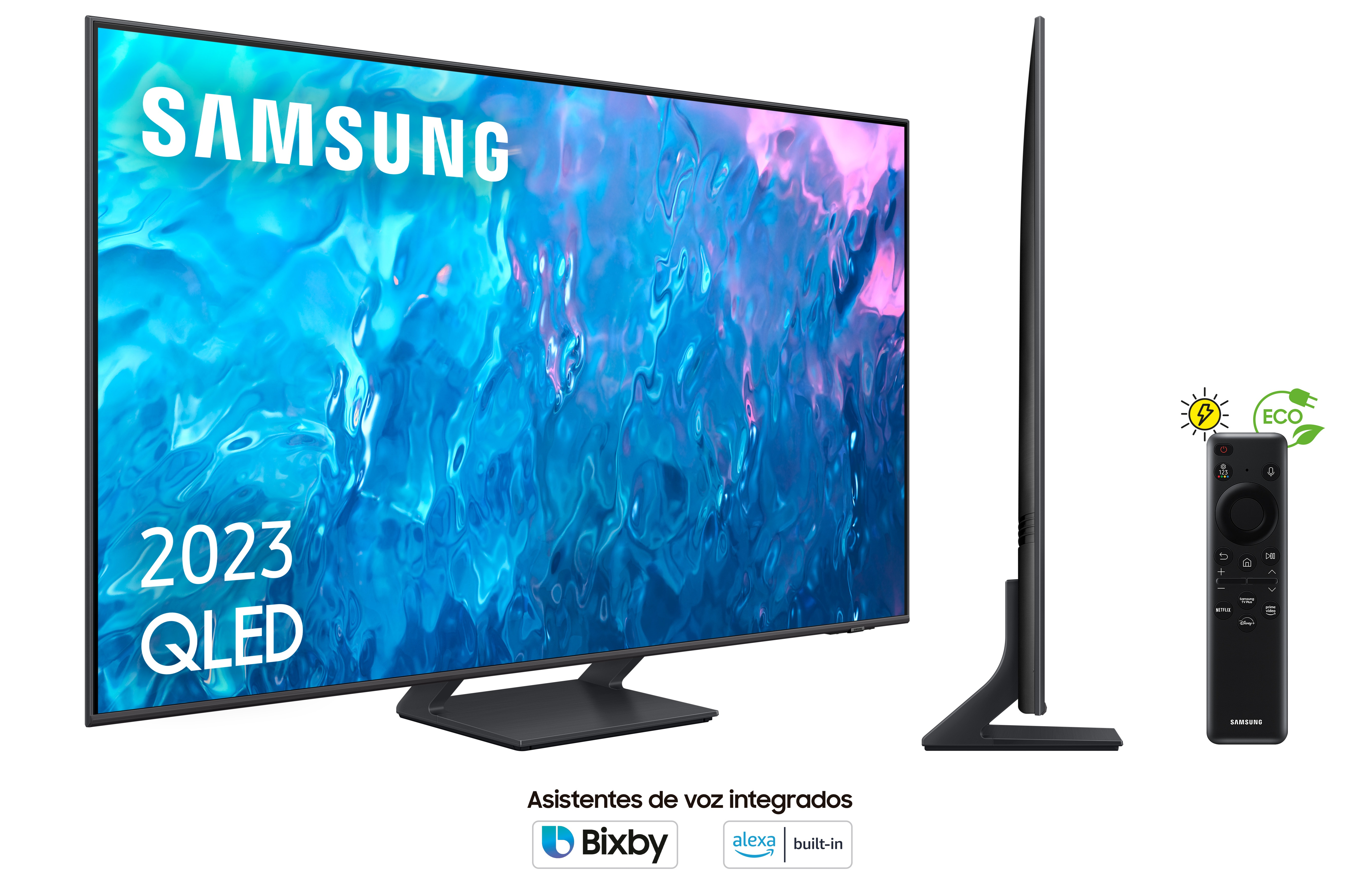 Televisor Samsung QLED negro y mando, mostrando una pantalla azul y blanca.