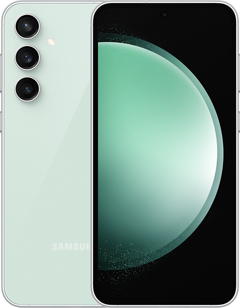Egy mentazöld Samsung telefon hátulról és elölről, a képernyő látható.