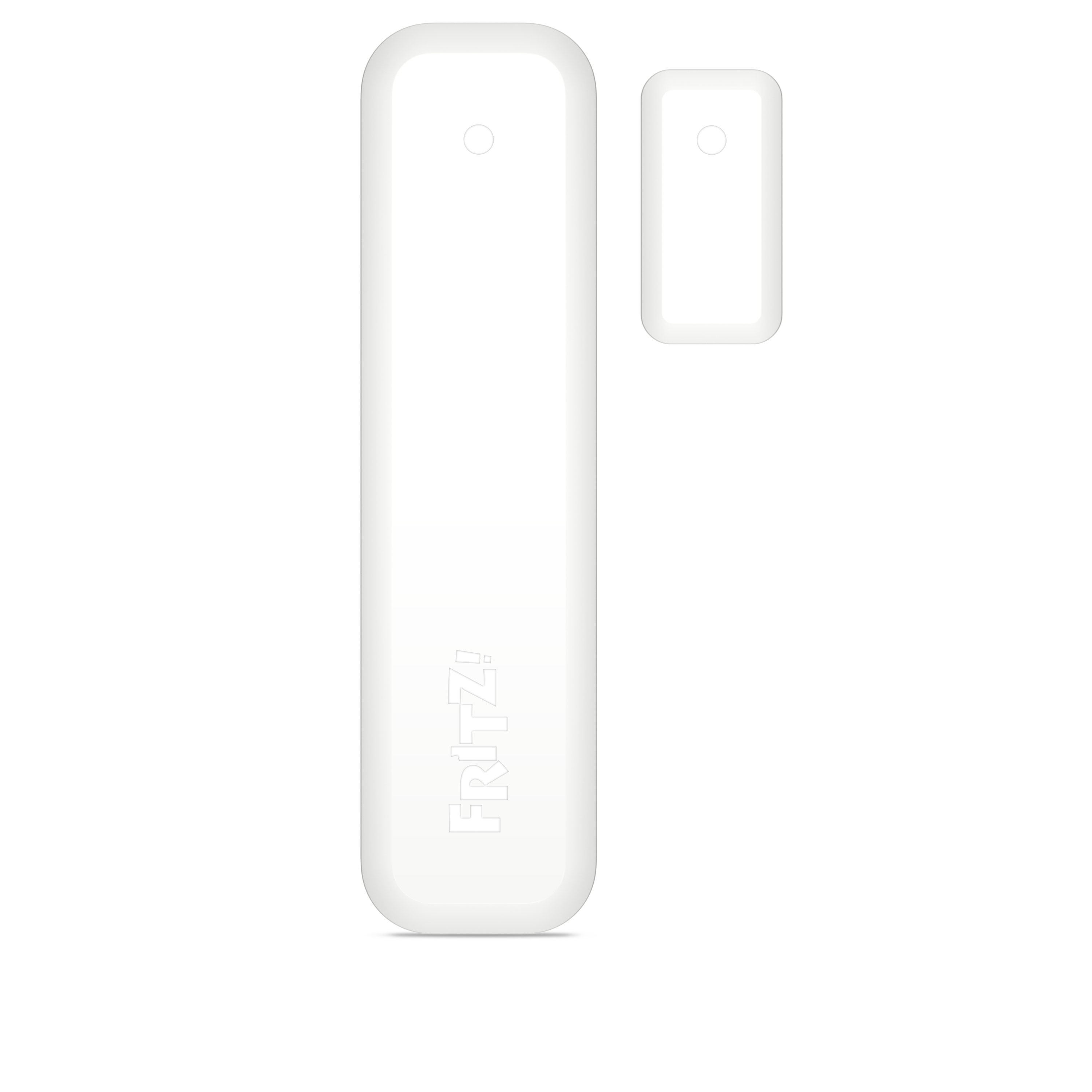 Zwei weiße rechteckige Geräte, eines länger als das andere, mit dem Text 'Fritz!' auf dem langen.