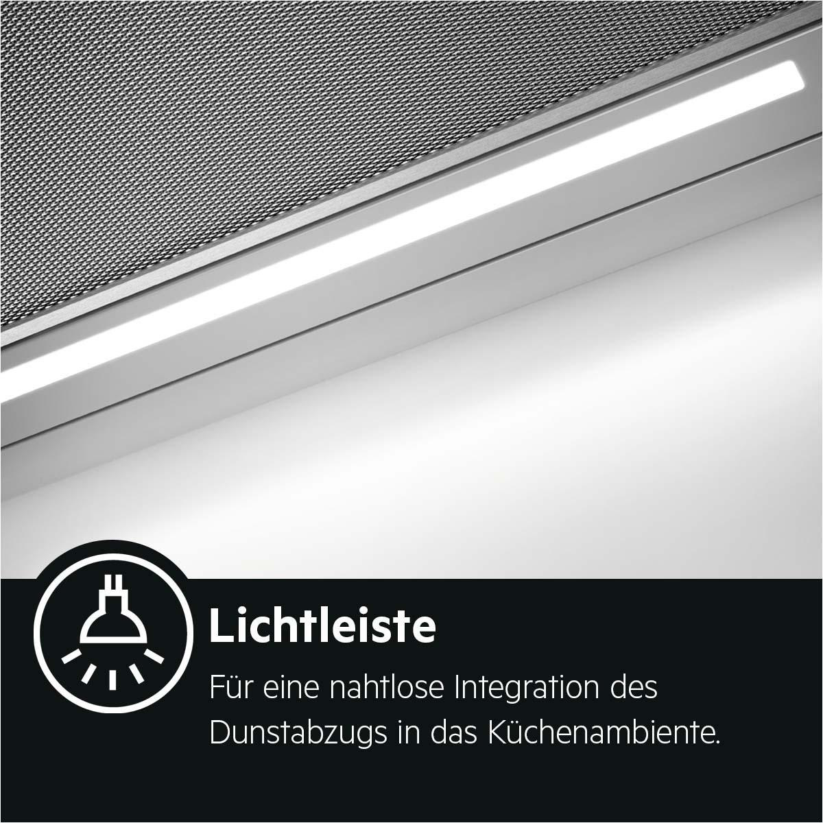 Nahaufnahme der Unterseite einer Dunstabzugshaube. Mit Lichtleiste und Metallgitter. Weißer Hintergrund.