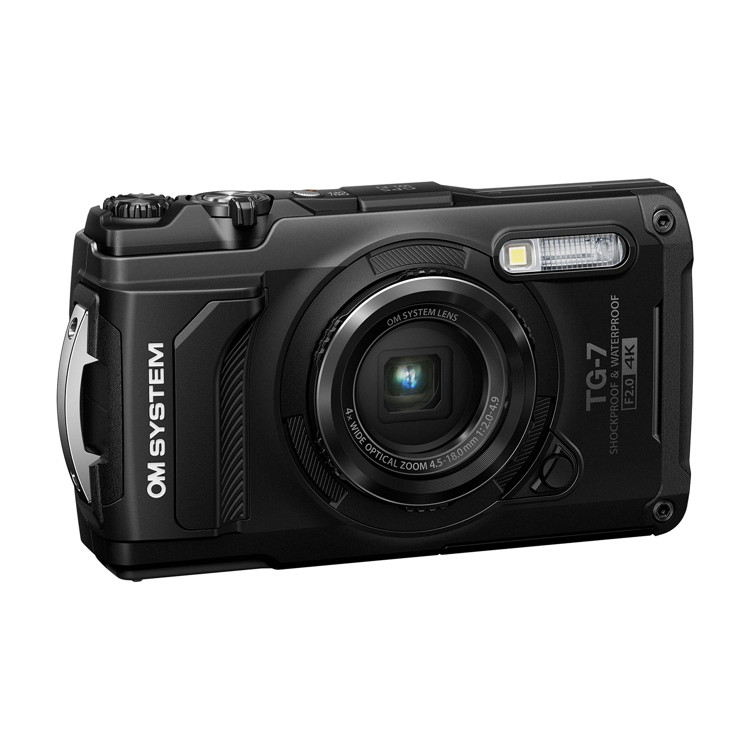 Fotocamera nera OM System TG-7. Impermeabile, antiurto, 4K. Obiettivo frontale visibile.