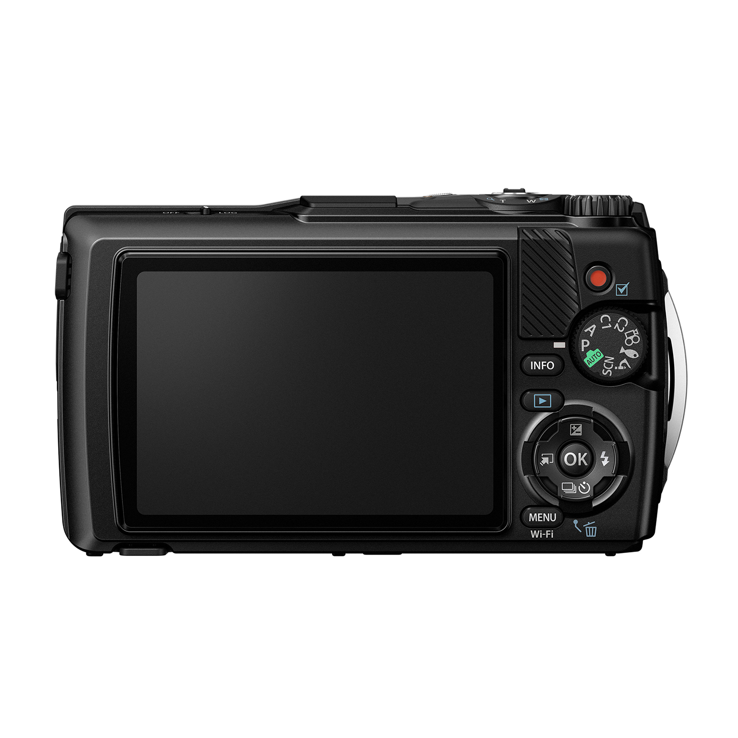Fotocamera nera con schermo che mostra controlli, pulsanti e ghiere visibili.