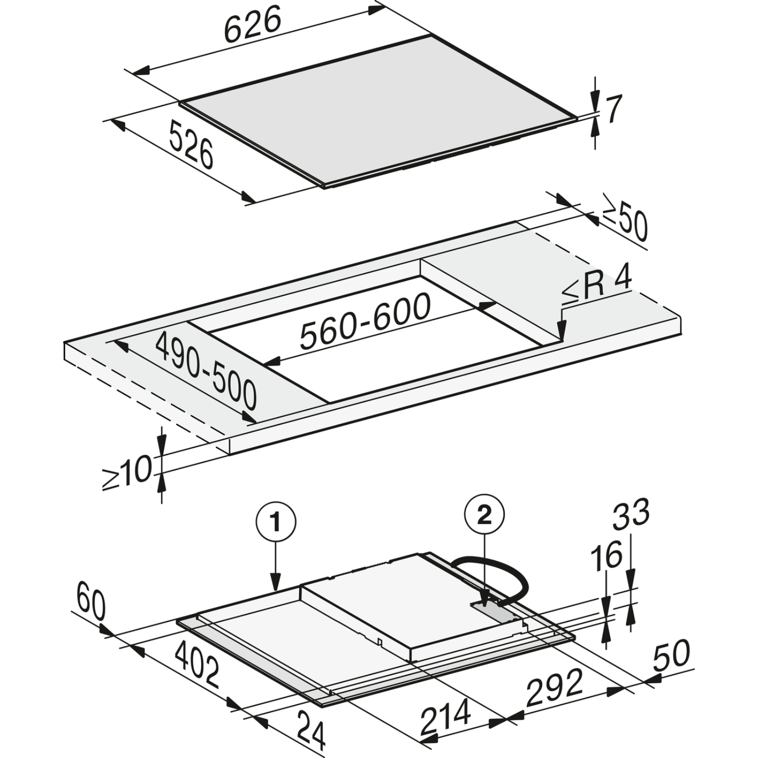 Technical drawing of a hob with dimensions and installation guidelines.