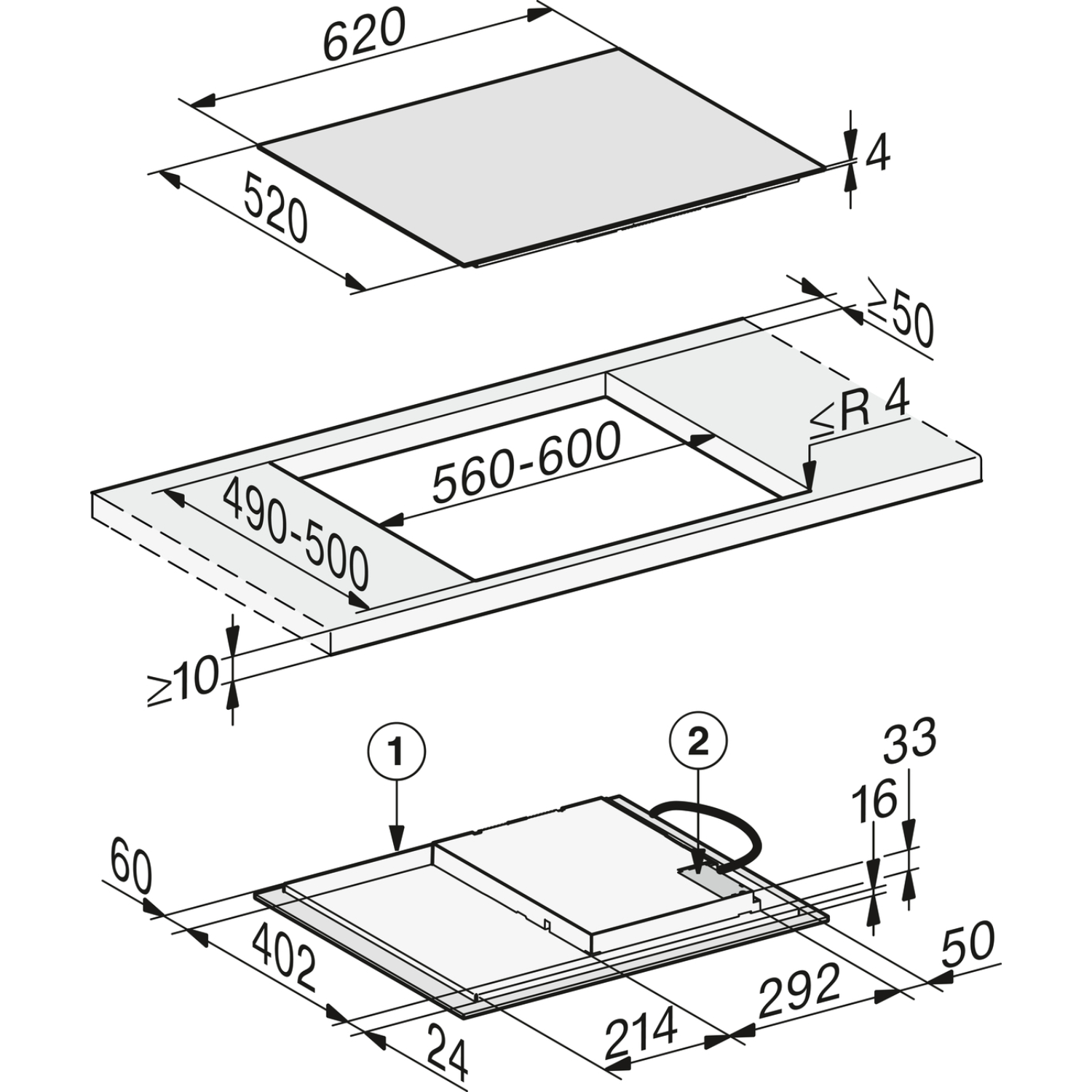Technical drawing with dimensions for built-in kitchen appliances. Shows overall and cutout dimensions.