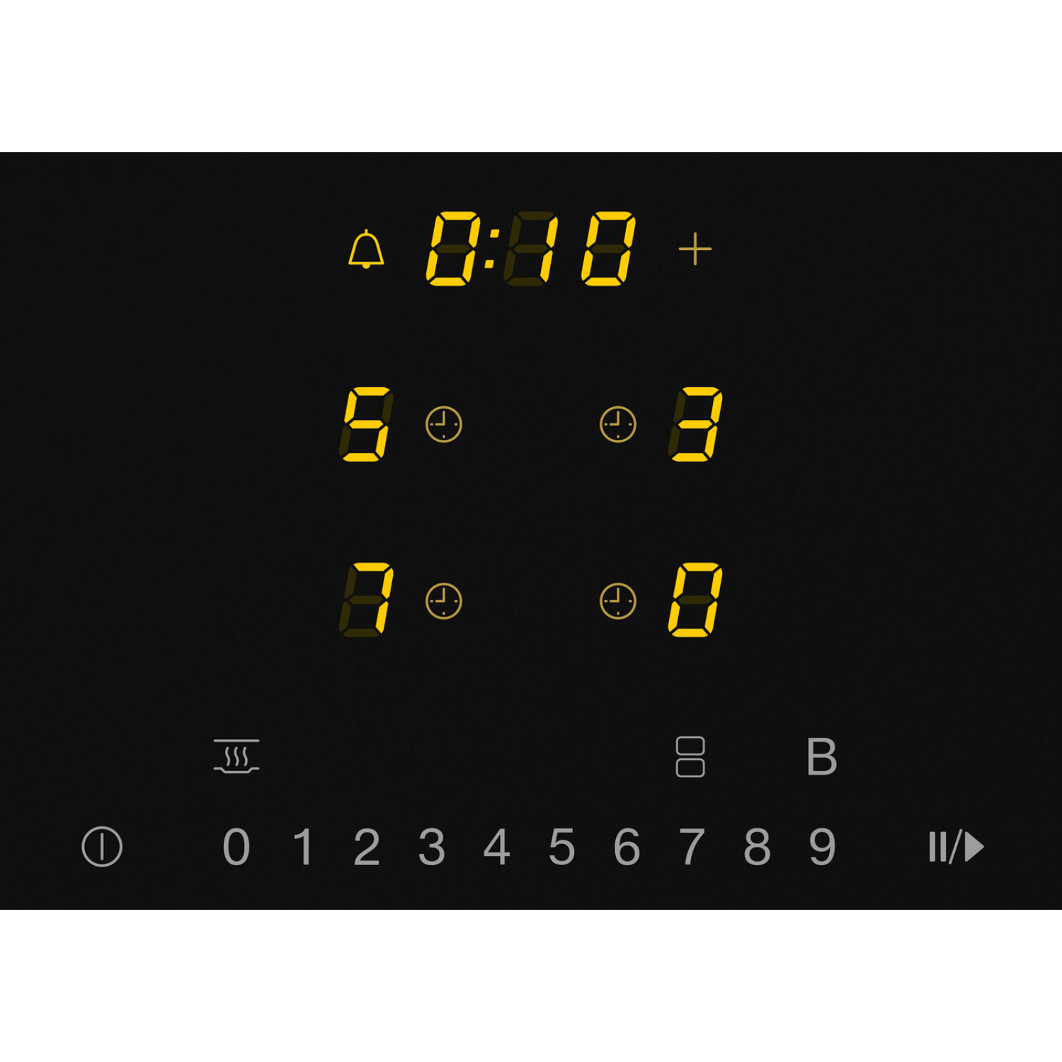 Digital display with timer, numbers, and symbols like a bell and plus sign.