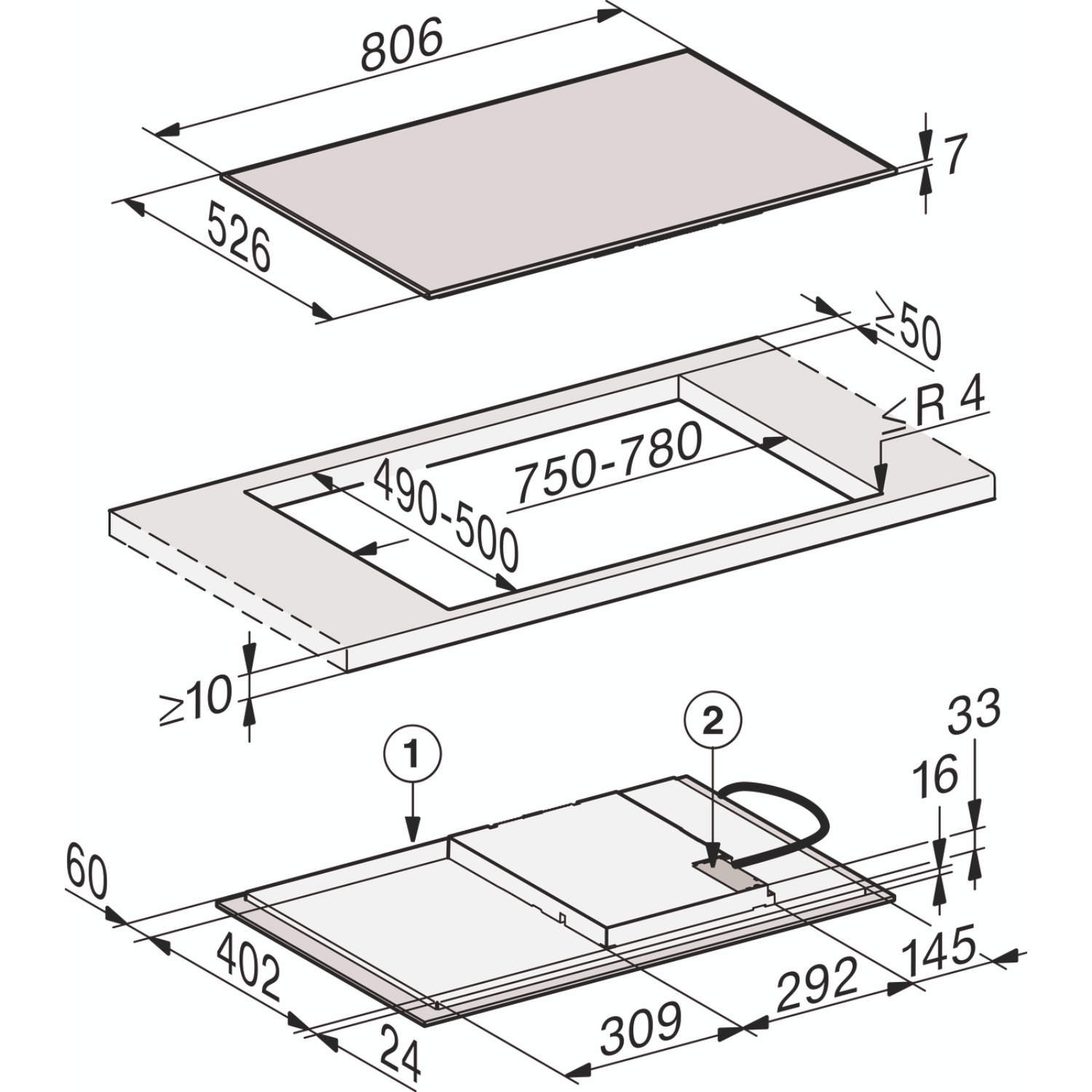 Technical drawing with dimensions of a cooktop, top and bottom views.