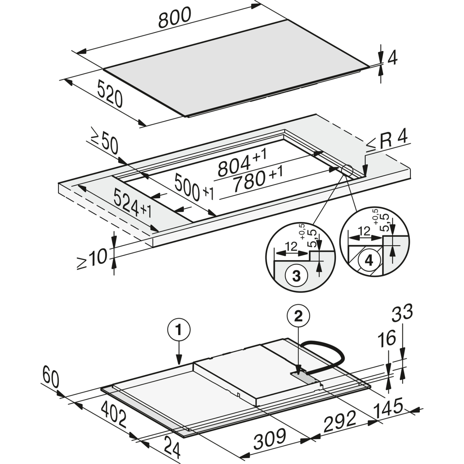 Technische tekening van een kookplaat installatiehandleiding met afmetingen.