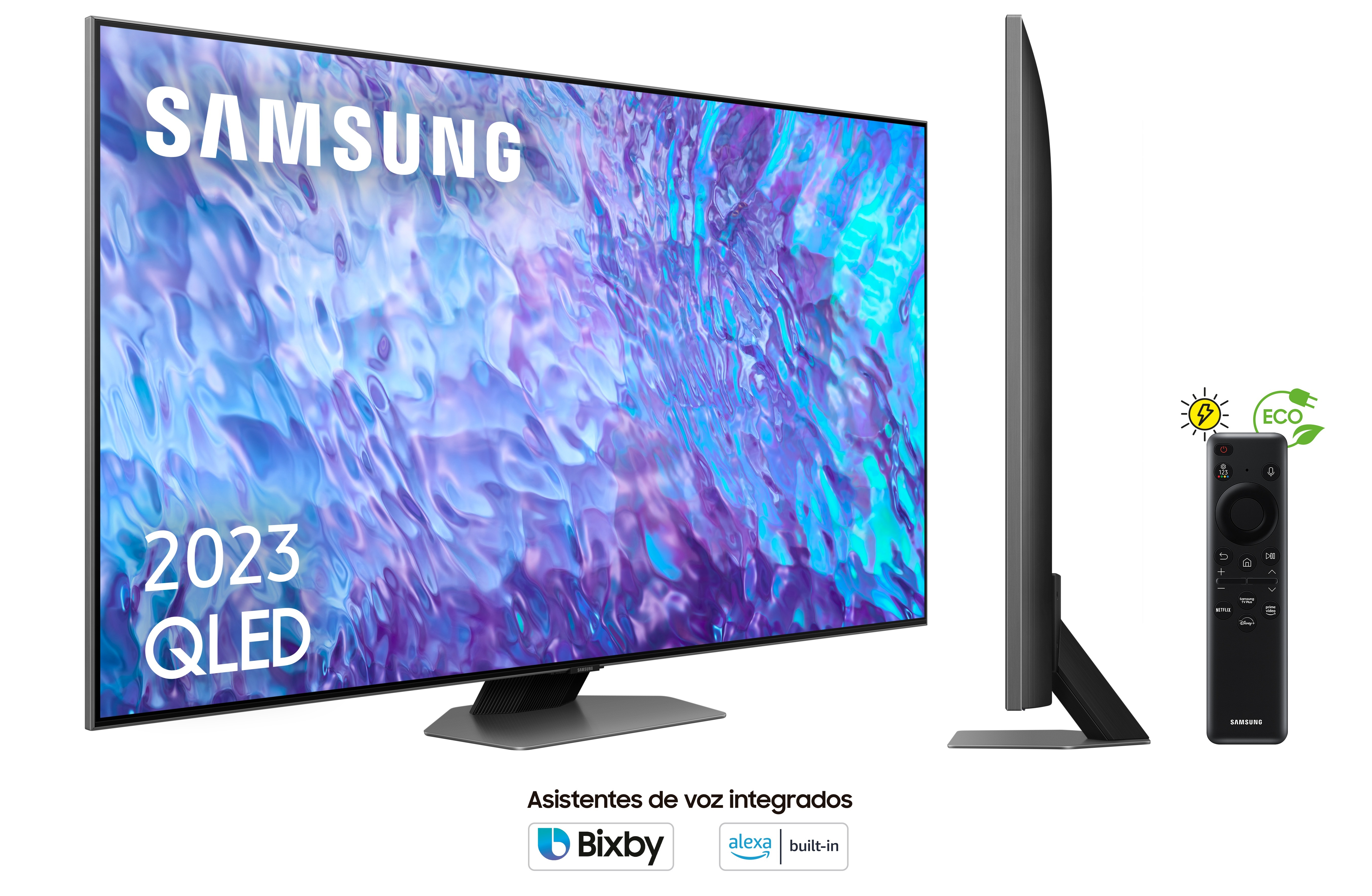 Un televisor Samsung QLED grande y moderno. También se ven un mando a distancia y funciones de asistente de voz.