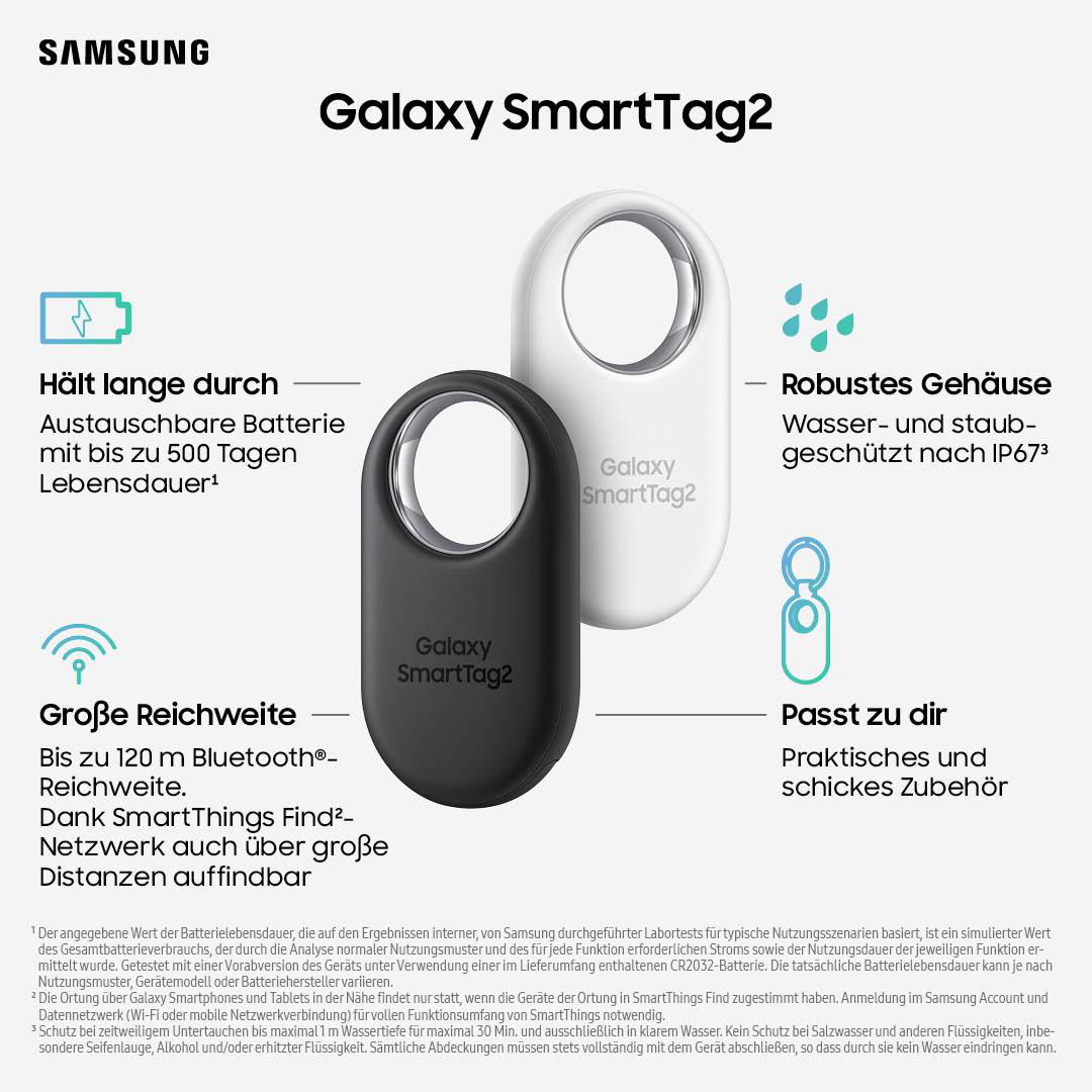 Zwei weiße und schwarze Galaxy SmartTag2s, mit Text und Beschreibungen.