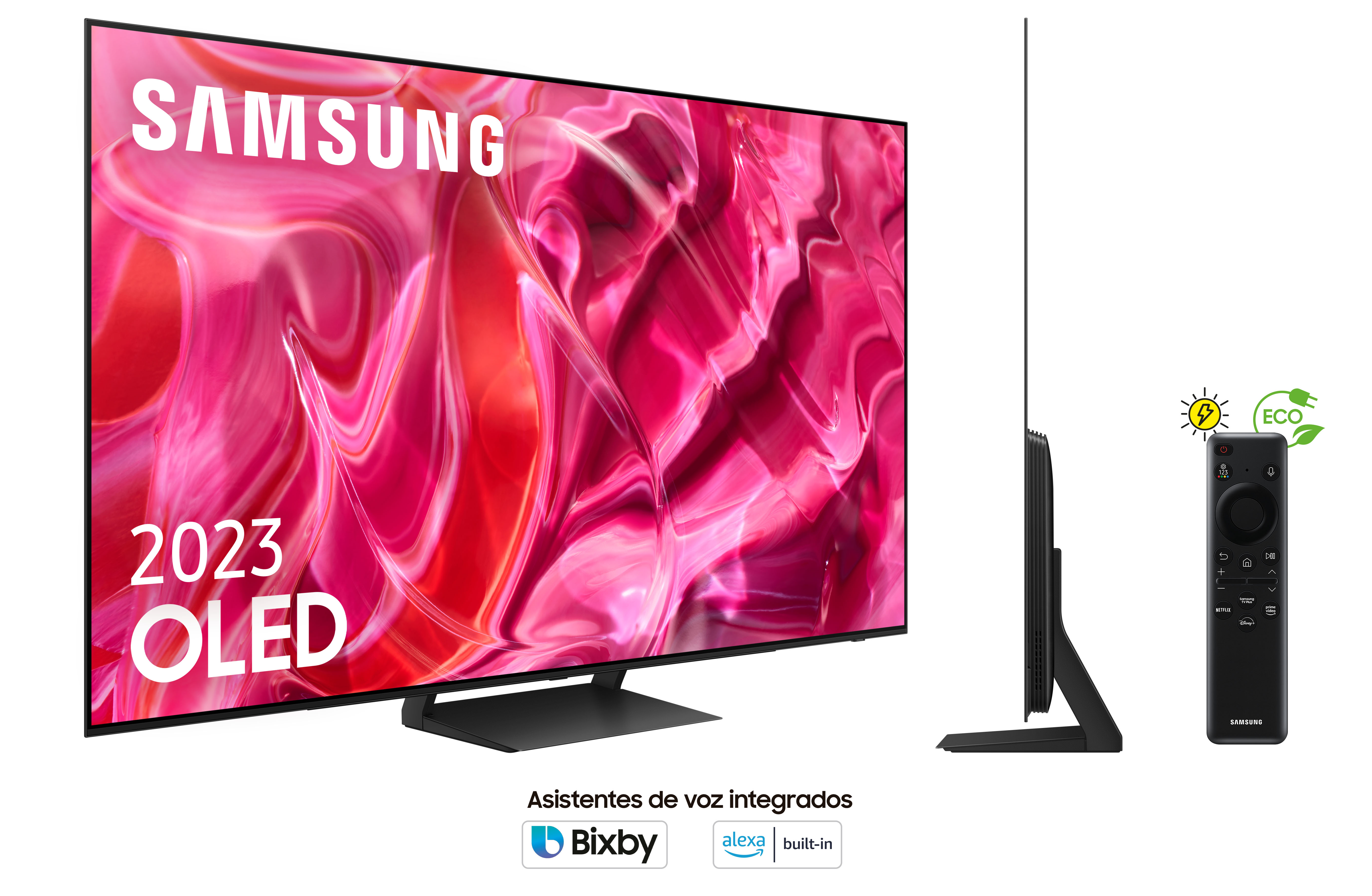 Un televisor negro grande, sobre un soporte, con la palabra Samsung. La pantalla muestra una imagen rosa.