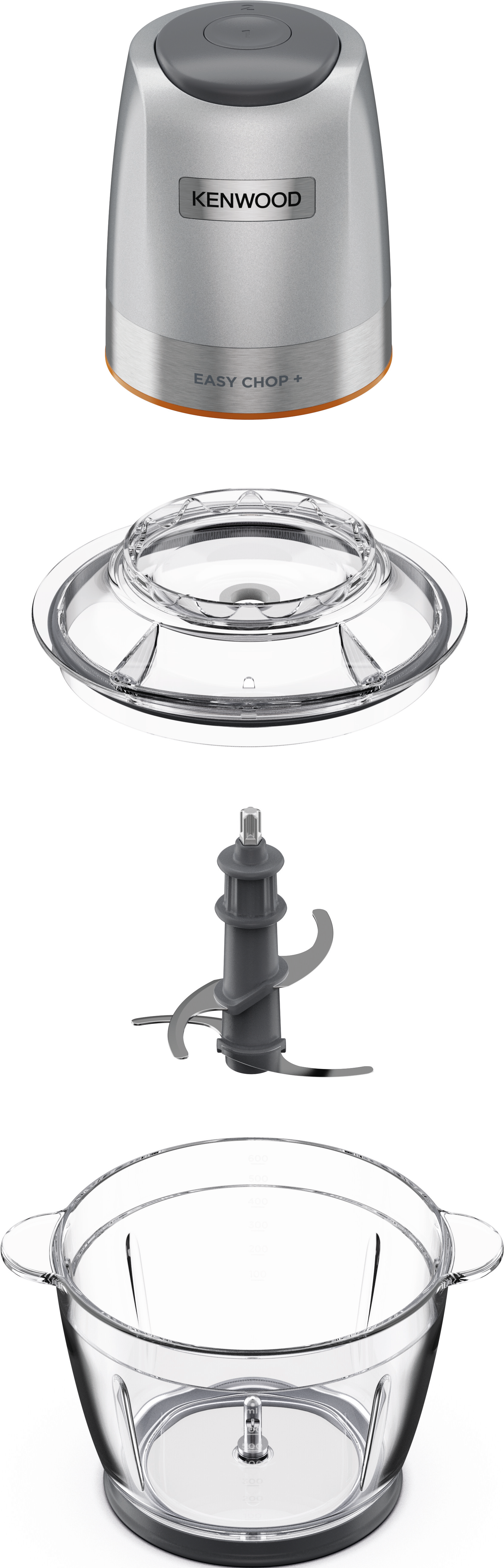 Un tritatutto Kenwood smontato. Le parti includono il motore, il coperchio, la lama e una ciotola trasparente.