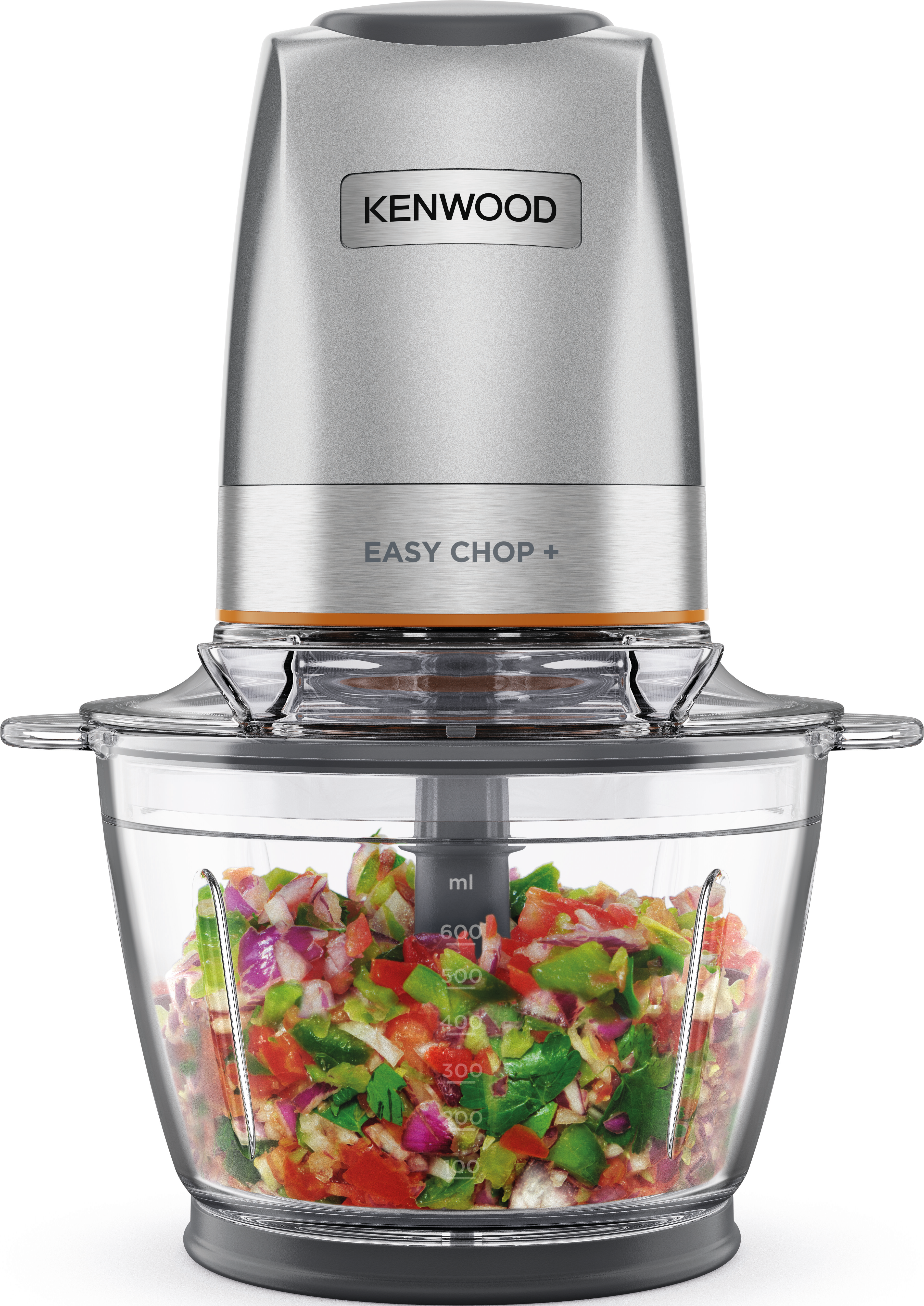 Robot da cucina Kenwood Easy Chop+ argento e nero con verdure tritate.