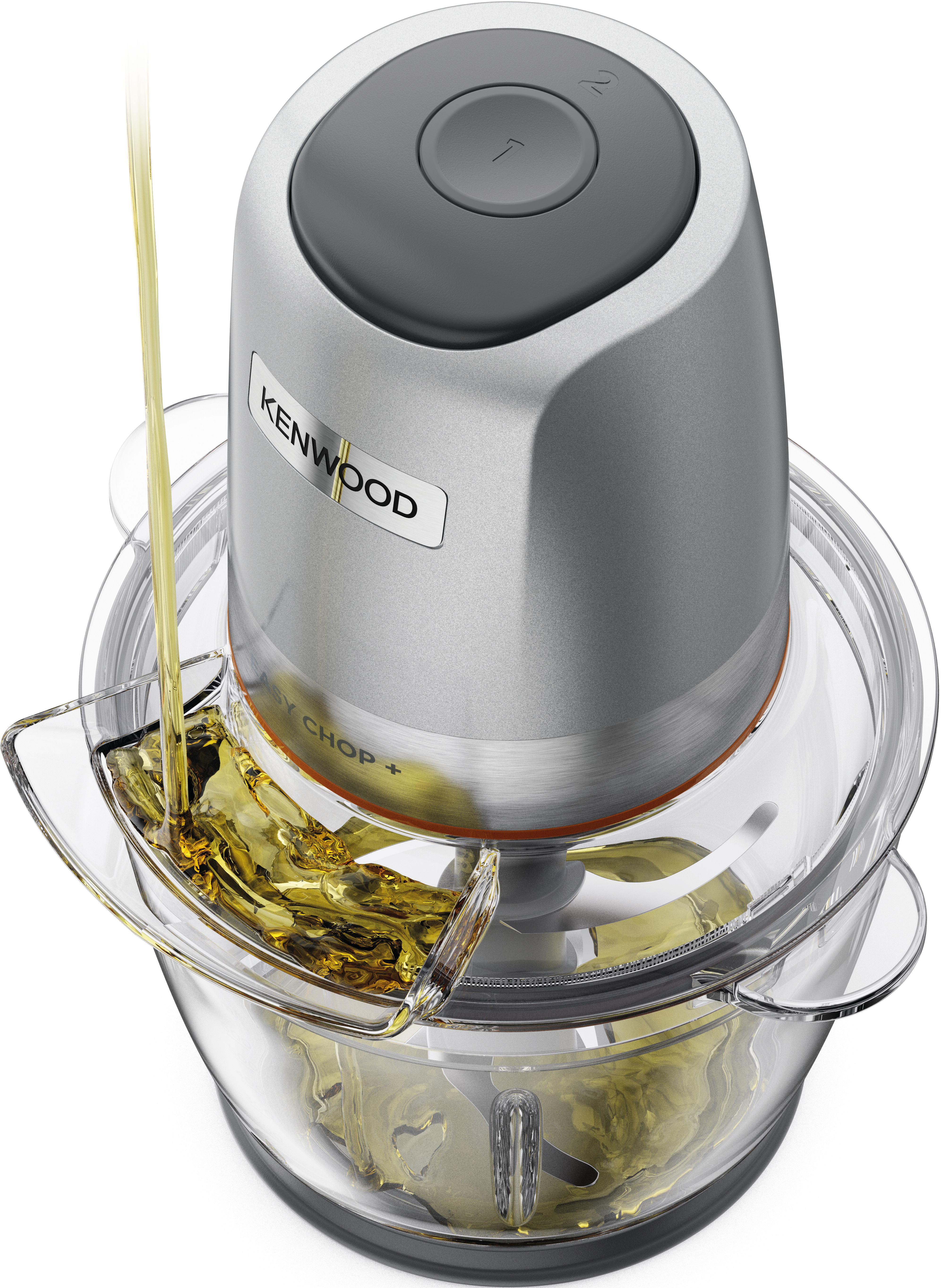 Un robot da cucina Kenwood Easy Chop+ con olio versato al suo interno.