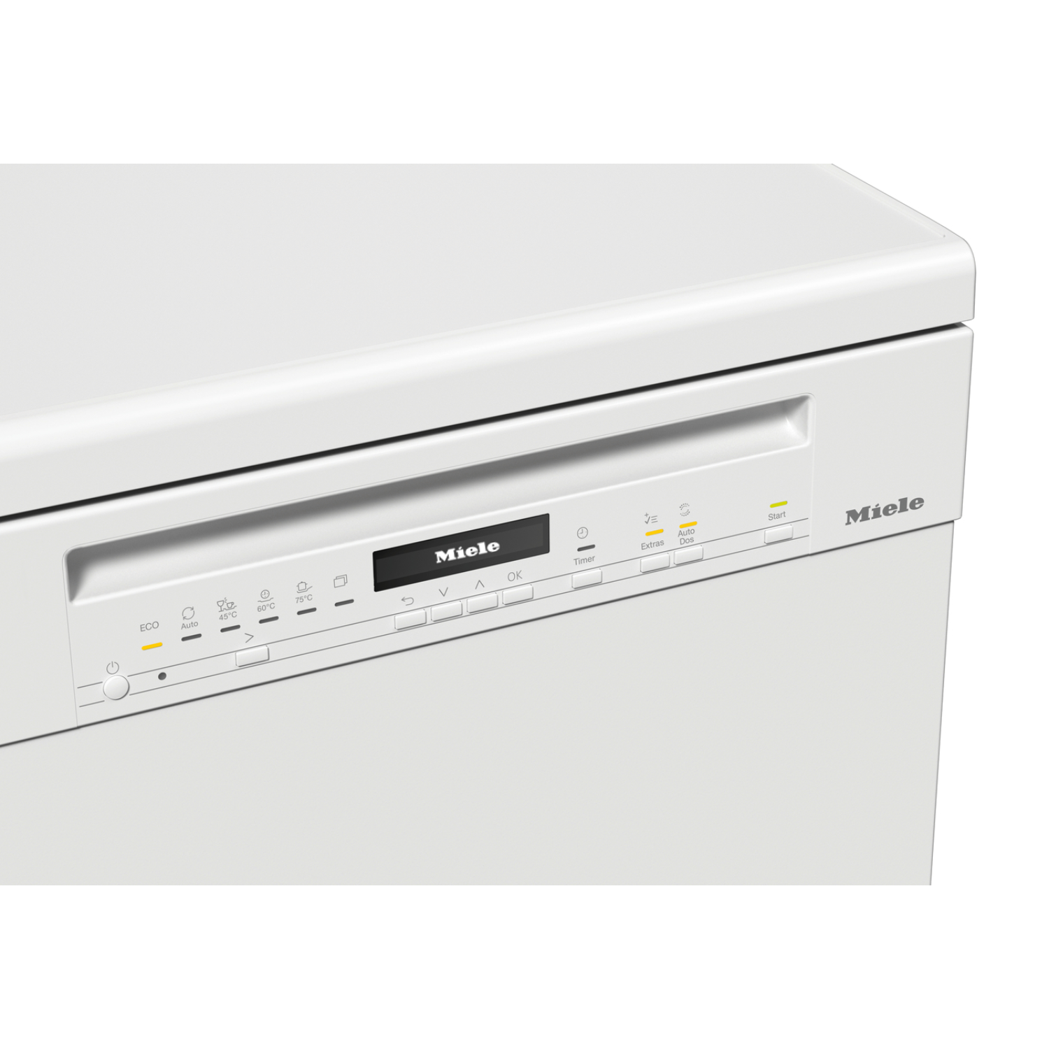 Close-up van een wit Miele vaatwasser bedieningspaneel met knoppen en een display.