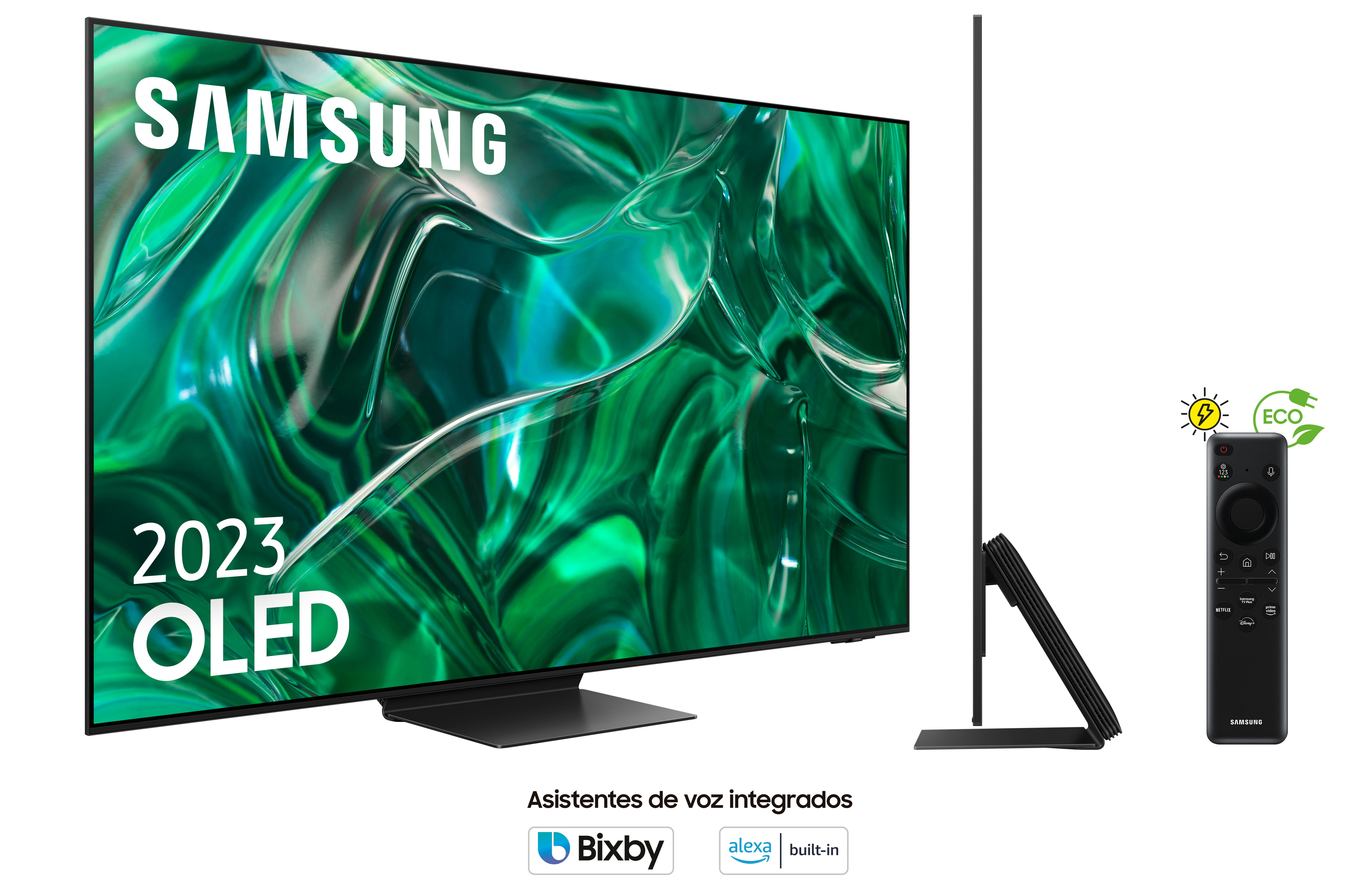 Un televisor OLED Samsung negro, vista lateral y frontal, con mando a distancia.