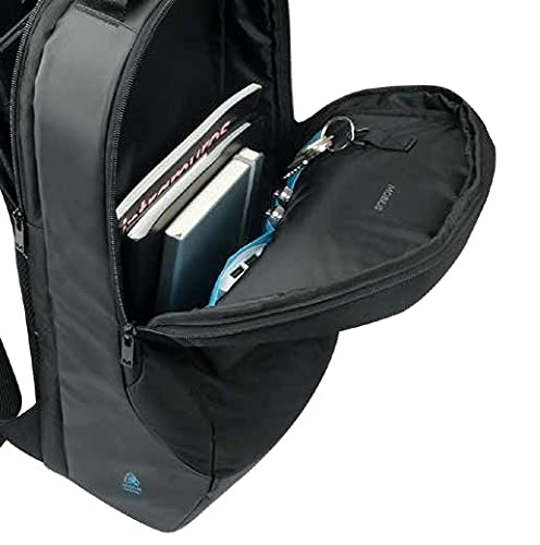 Mochila abierta, mostrando libros, un cuaderno y llaves. Negro con diseño azul.