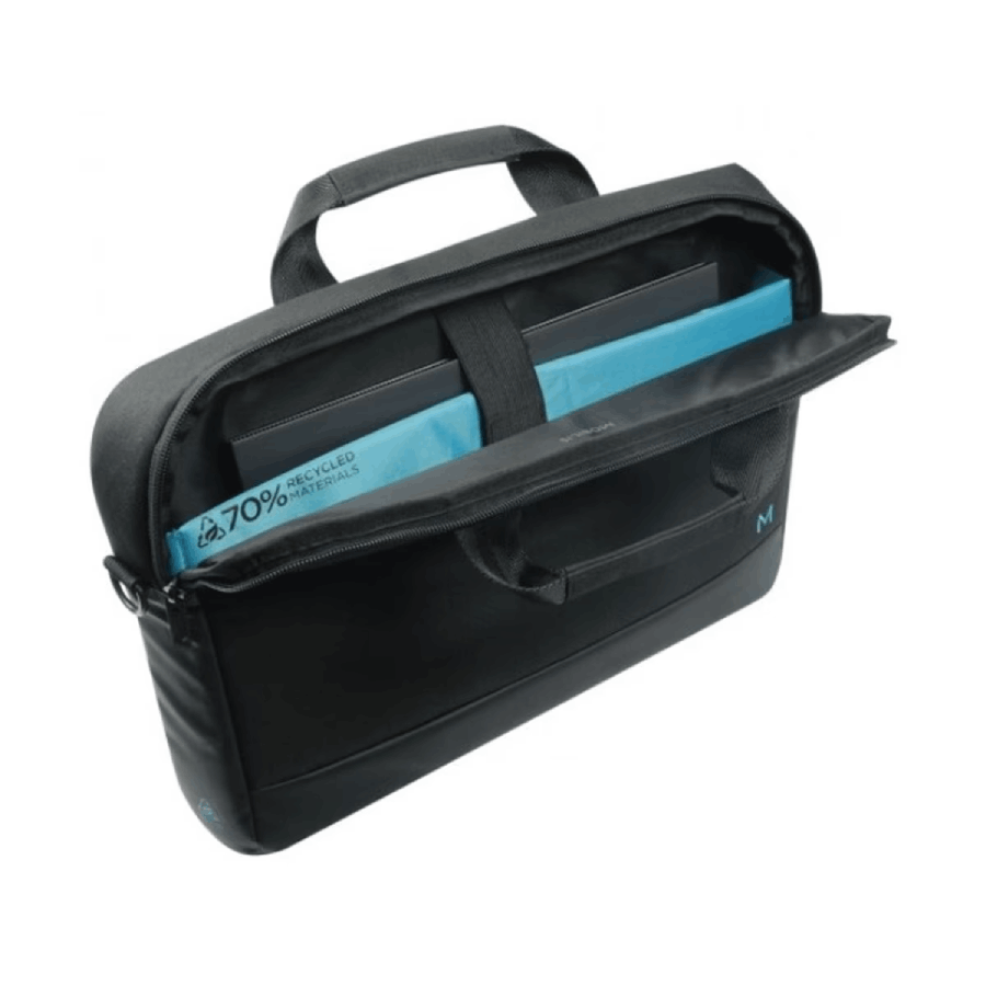 Bolsa para portátil negra, abierta, que contiene una carpeta azul y otros objetos.