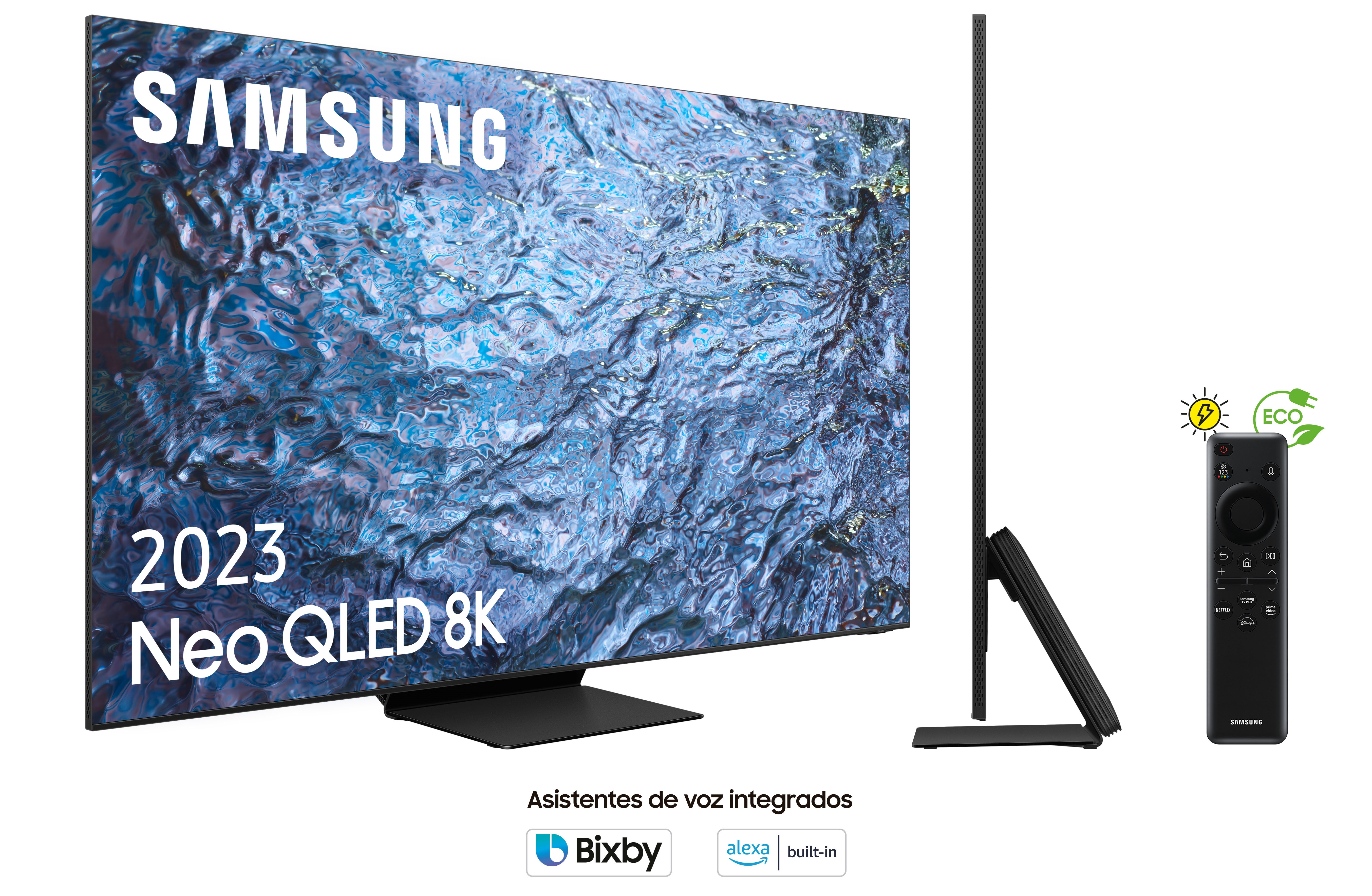 Televisor Samsung Neo QLED 8K grande sobre soporte. Mando a distancia e iconos de asistente de voz.