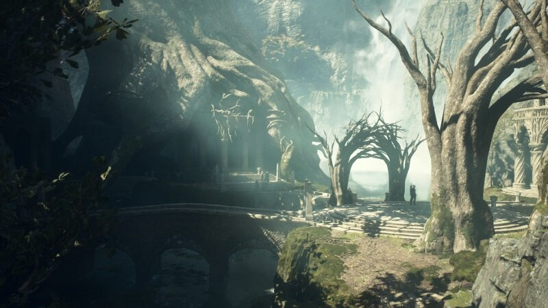 Krajobraz fantasy z mostem i wejściem do jaskini. Drzewa i skały w scenerii.