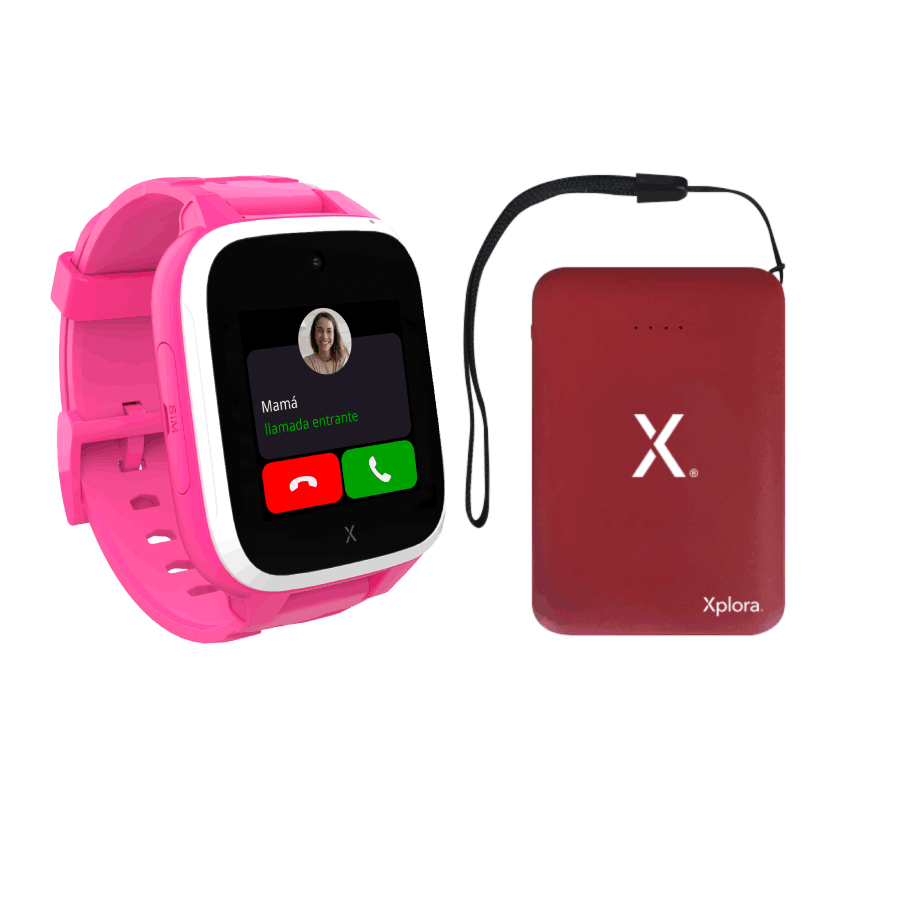 Reloj inteligente rosa con pantalla de llamada entrante. Hay un paquete de carga rojo a la derecha.