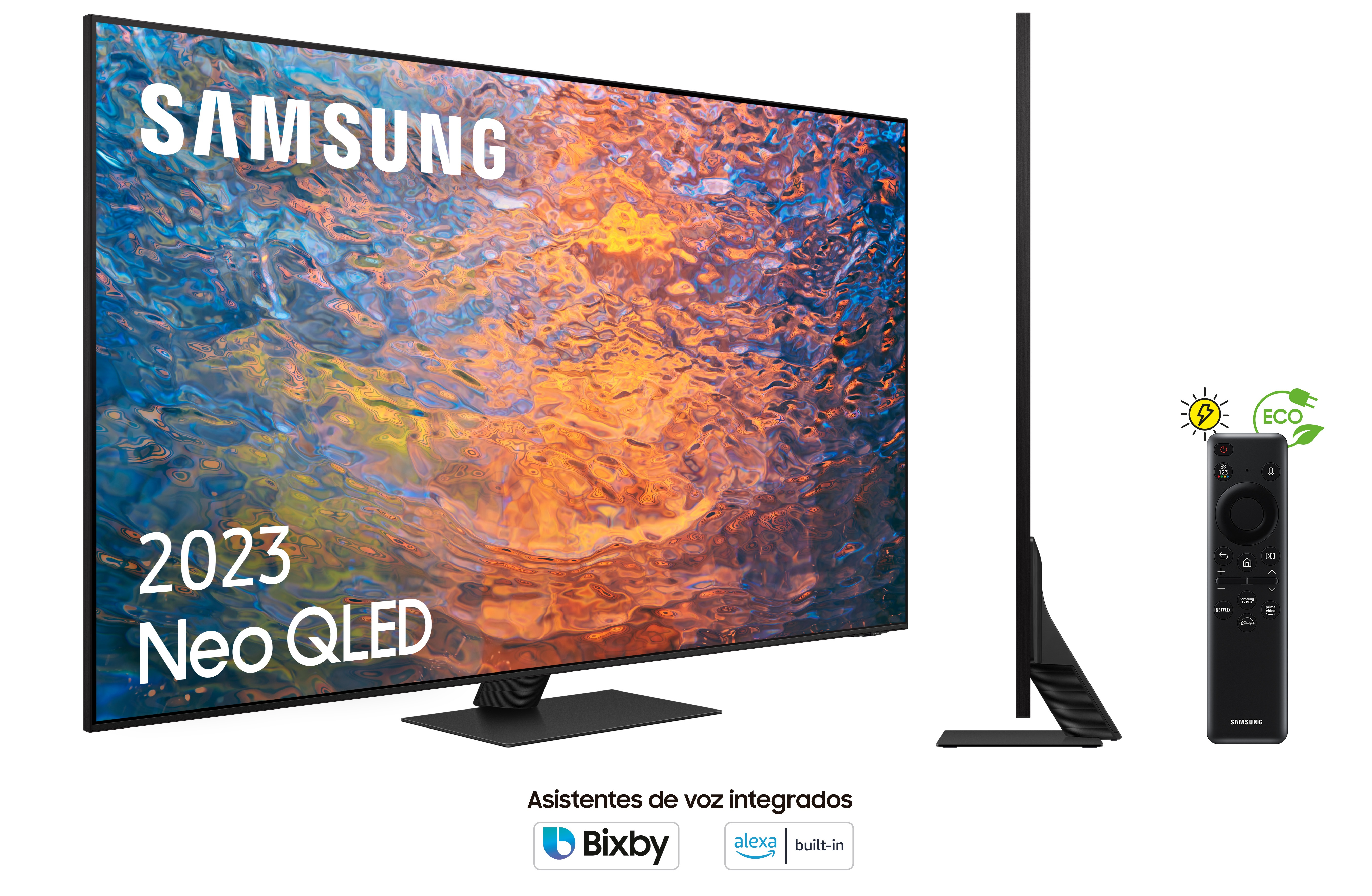 TV Samsung Neo QLED sobre fondo blanco con mando y información de asistente de voz.