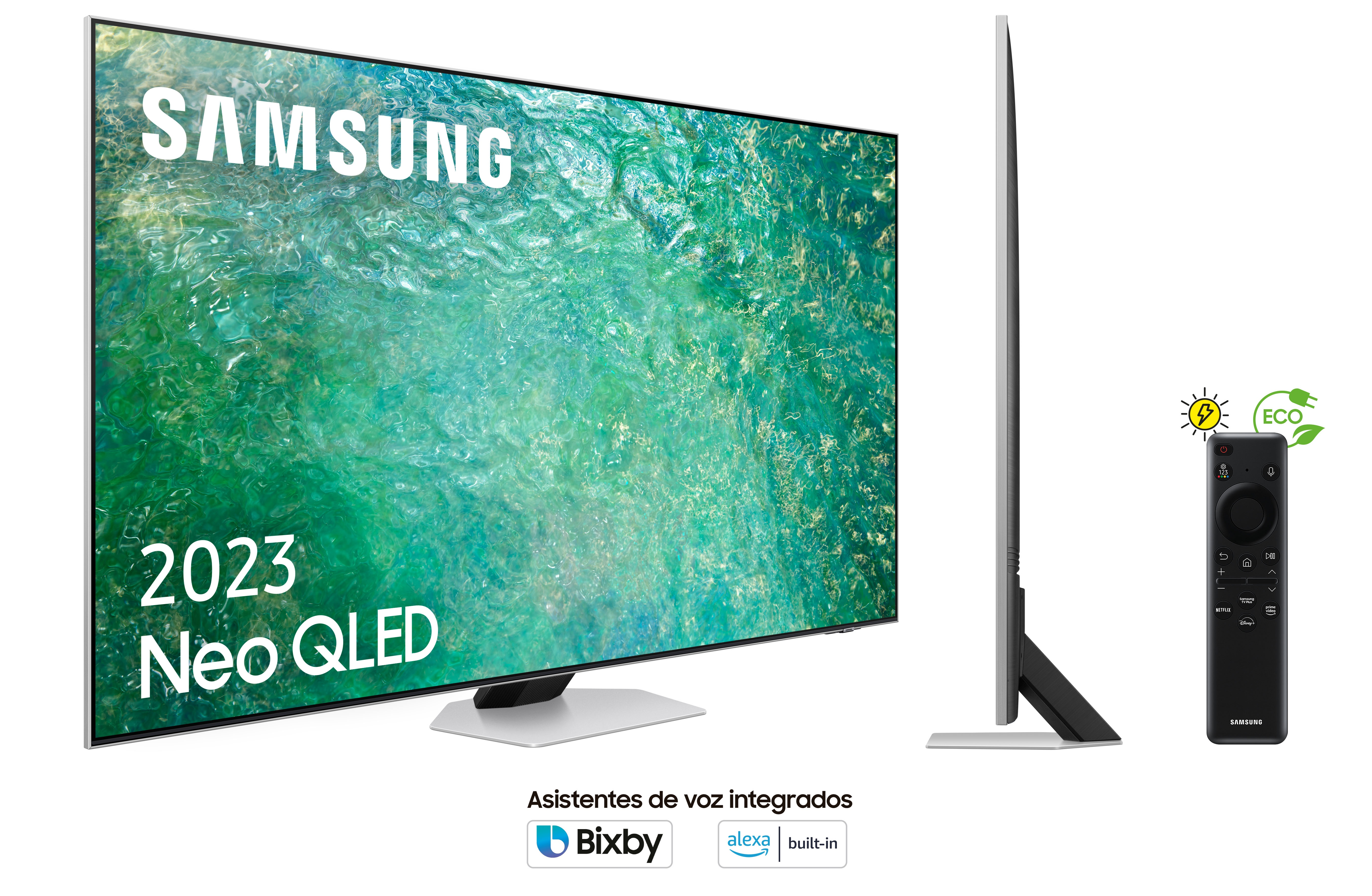 Un nuevo televisor Samsung, con un mando a distancia y logotipos, mostrado desde tres ángulos.