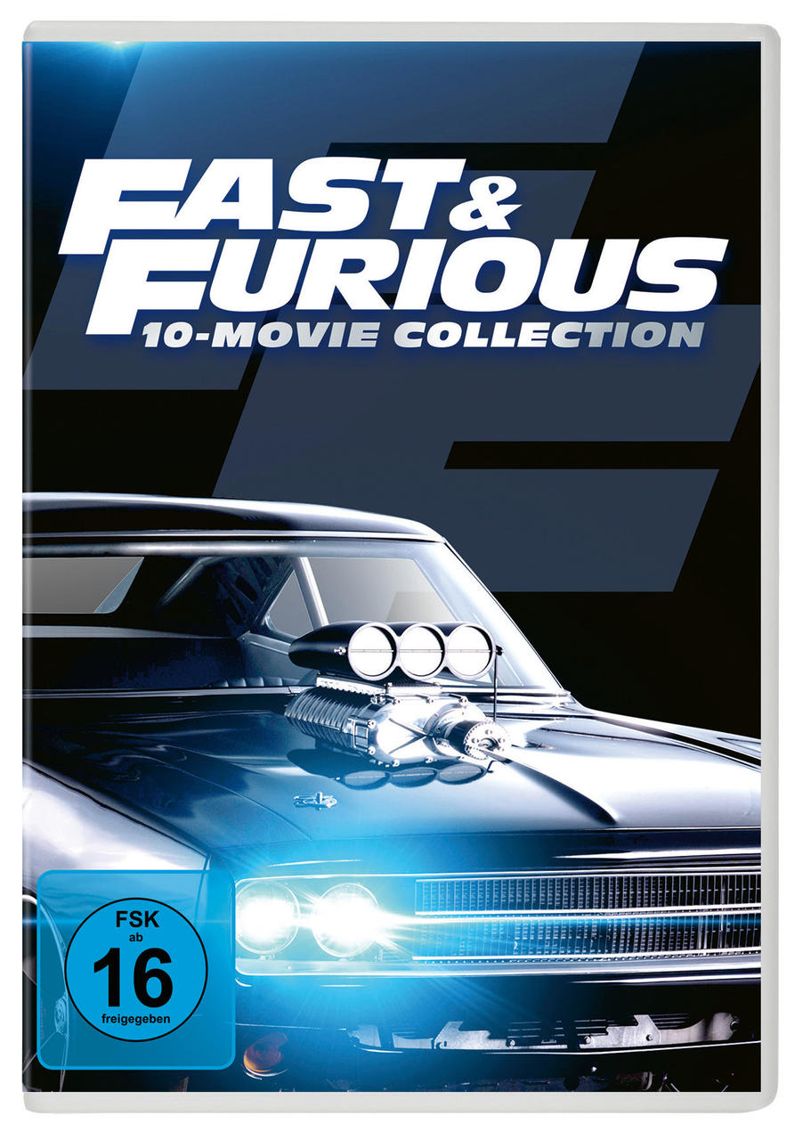 DVD-Cover mit einem Auto und Text. Titel: Fast & Furious 10-Movie Collection.