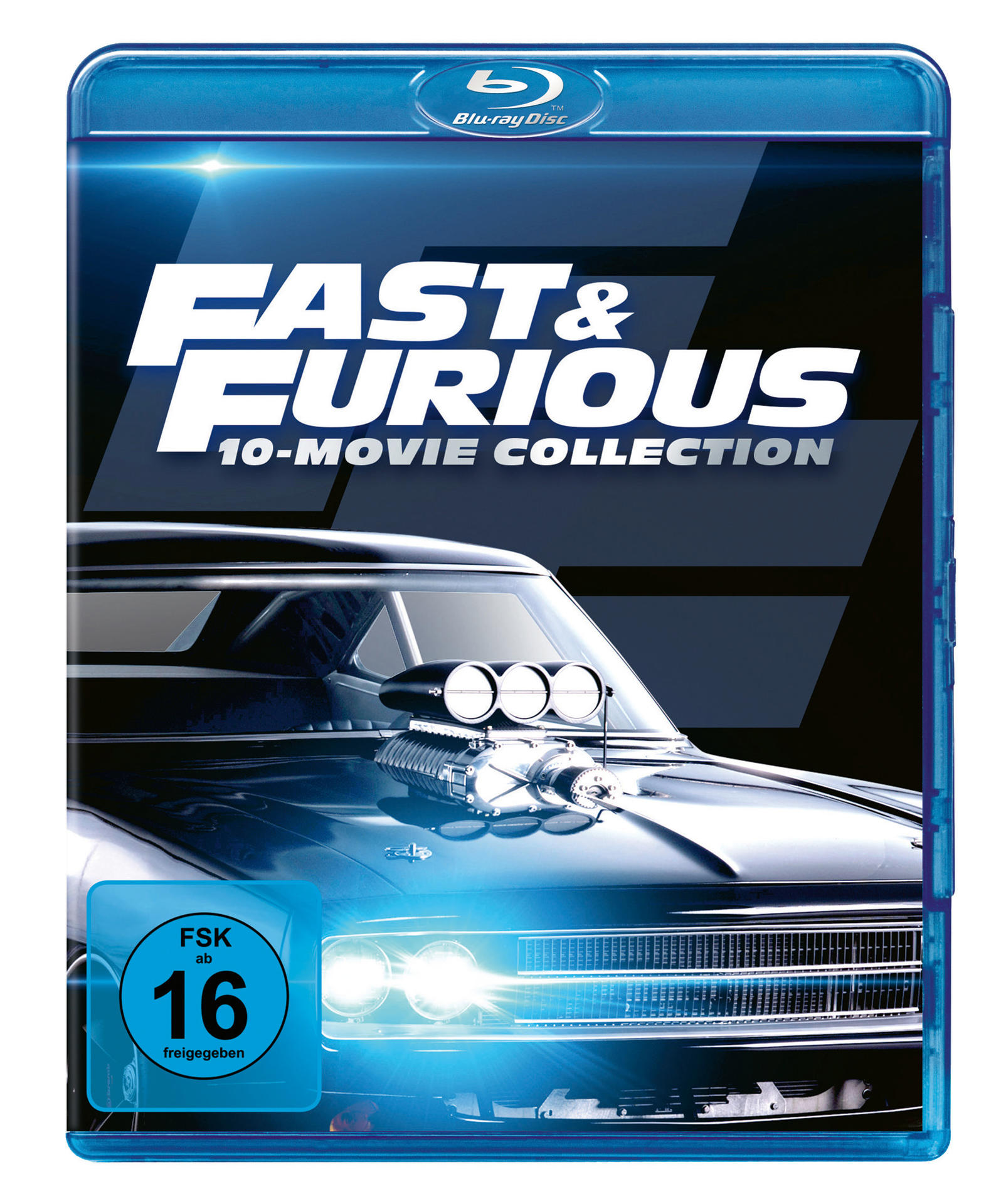 Blu-ray-Disc-Cover: 'Fast & Furious' 10-Movie Collection, ein Auto-Bild und die Alterseinstufung.