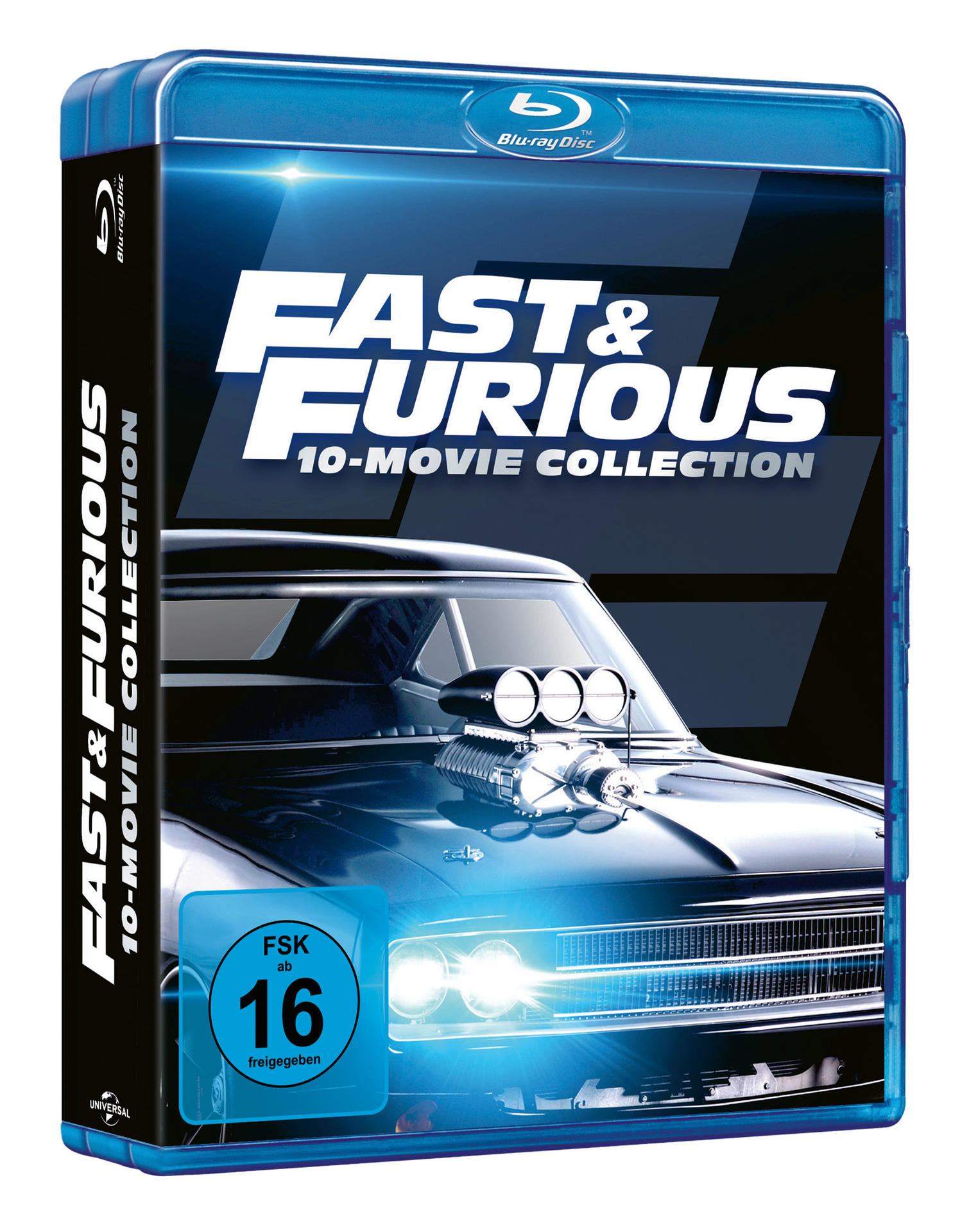 Fast & Furious 10-Movie Collection Blu-ray-Hülle, Bild eines schwarzen Autos, blau-schwarzer Hintergrund.