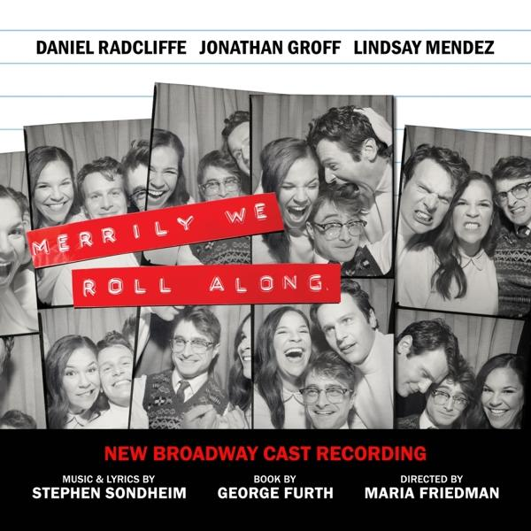 Collage von Fotos mit Personen, Titel 'Merrily We Roll Along' und Text.