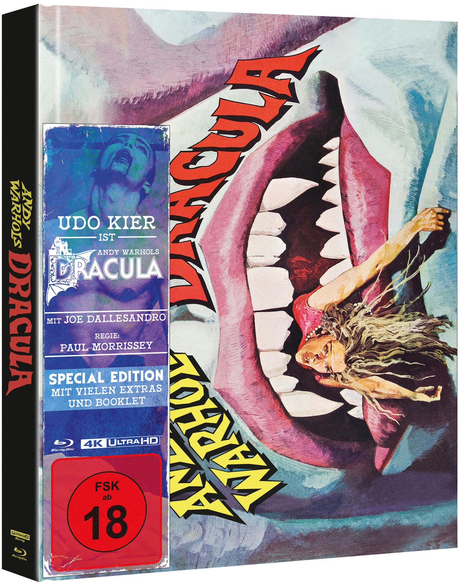 Filmposter mit rotem Mund mit Fangzähnen, einer fallenden Frau und Text über den Film 'Dracula'.