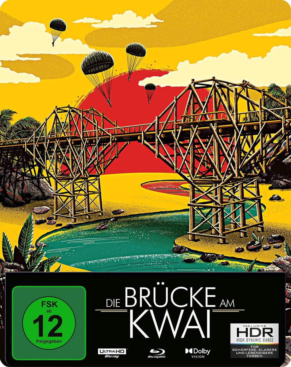 Filmposter: Brücke über Fluss, Fallschirmjäger und roter Sonnenuntergang.